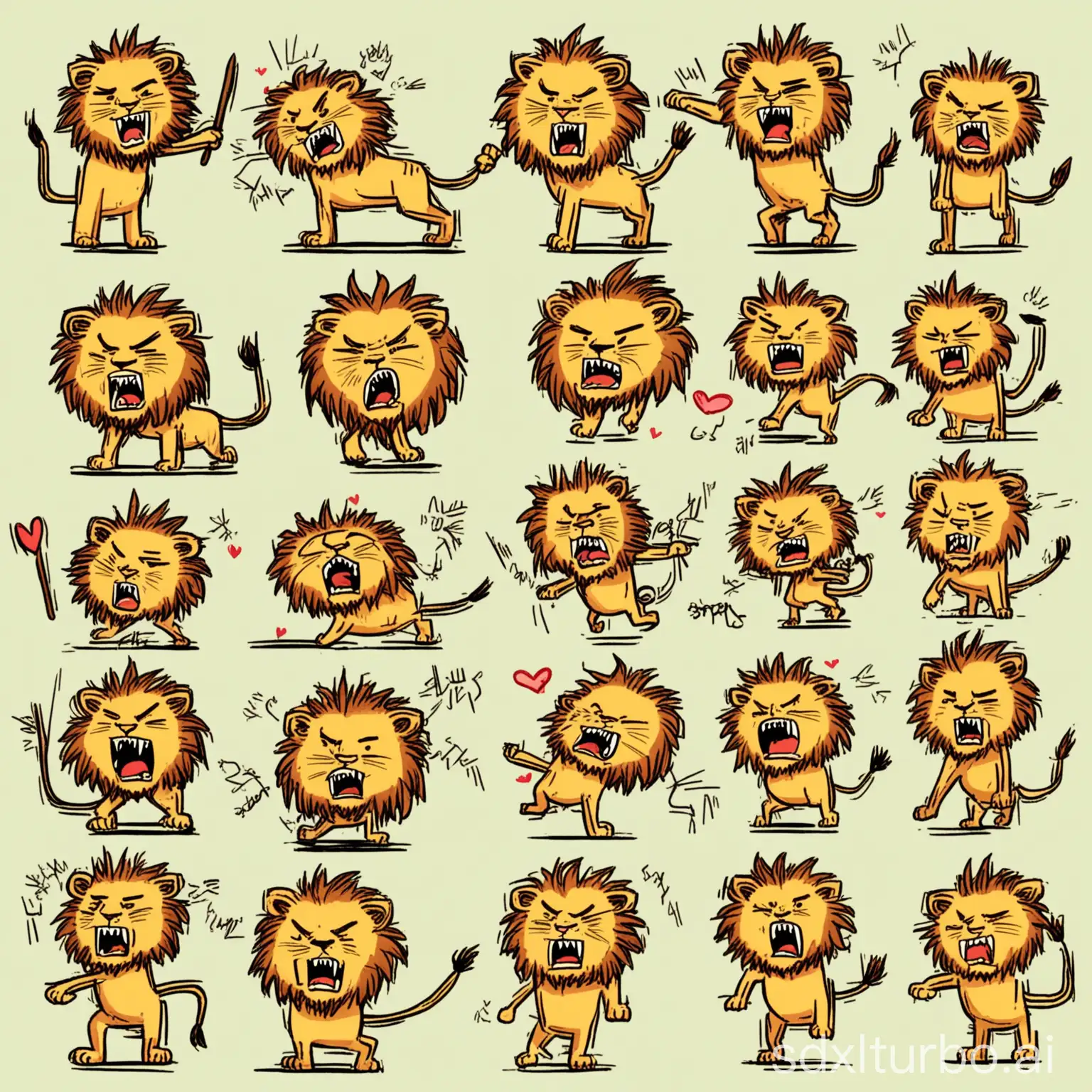 The various expressions of the lion,angry,happy,angry,coquettishexpressing love, etc, as an illustration set, with boldcomic lines, cute style, stick fiqure style, dynamic pose, White background, f/64 group, related Personality, Old MemeKernel, Chalk –ar 3:4 –s 250 –niji 5 –s 400 –style cute