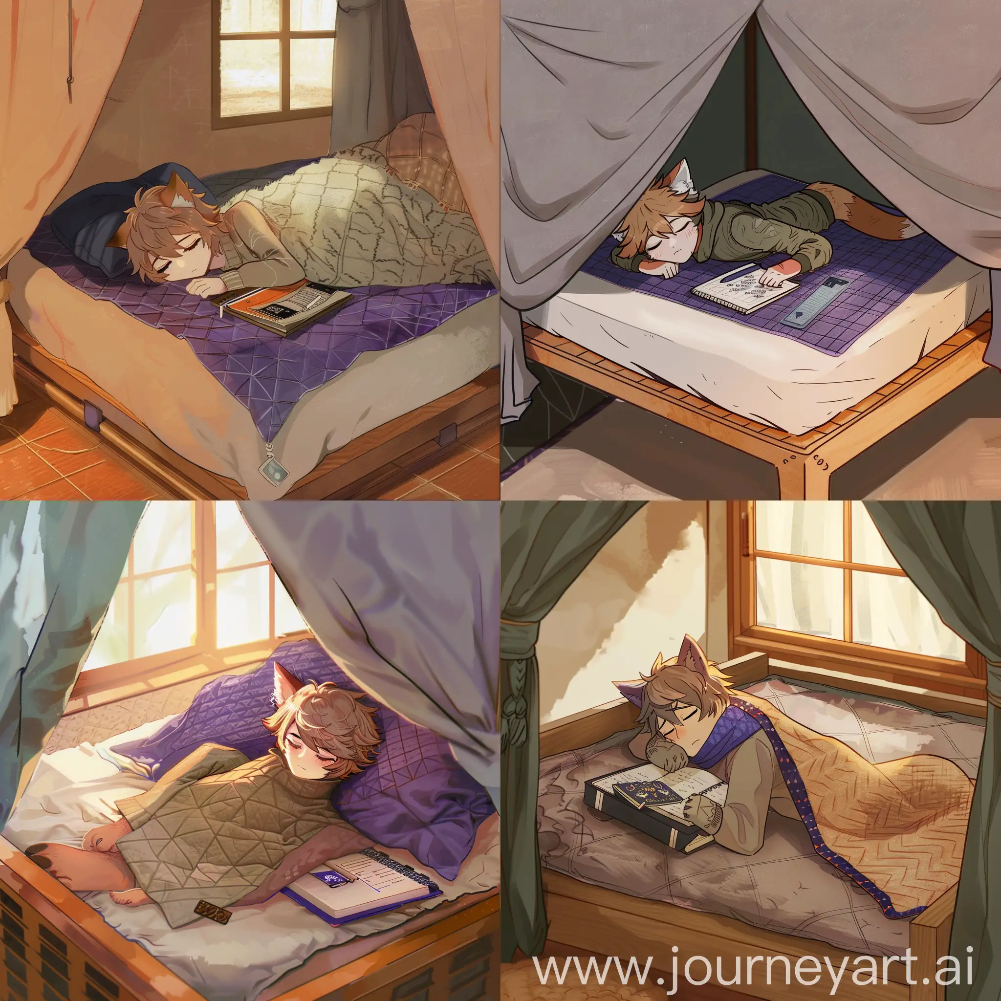 Sleeping-FoxBoy-Under-Kotatsu-with-Notebook
