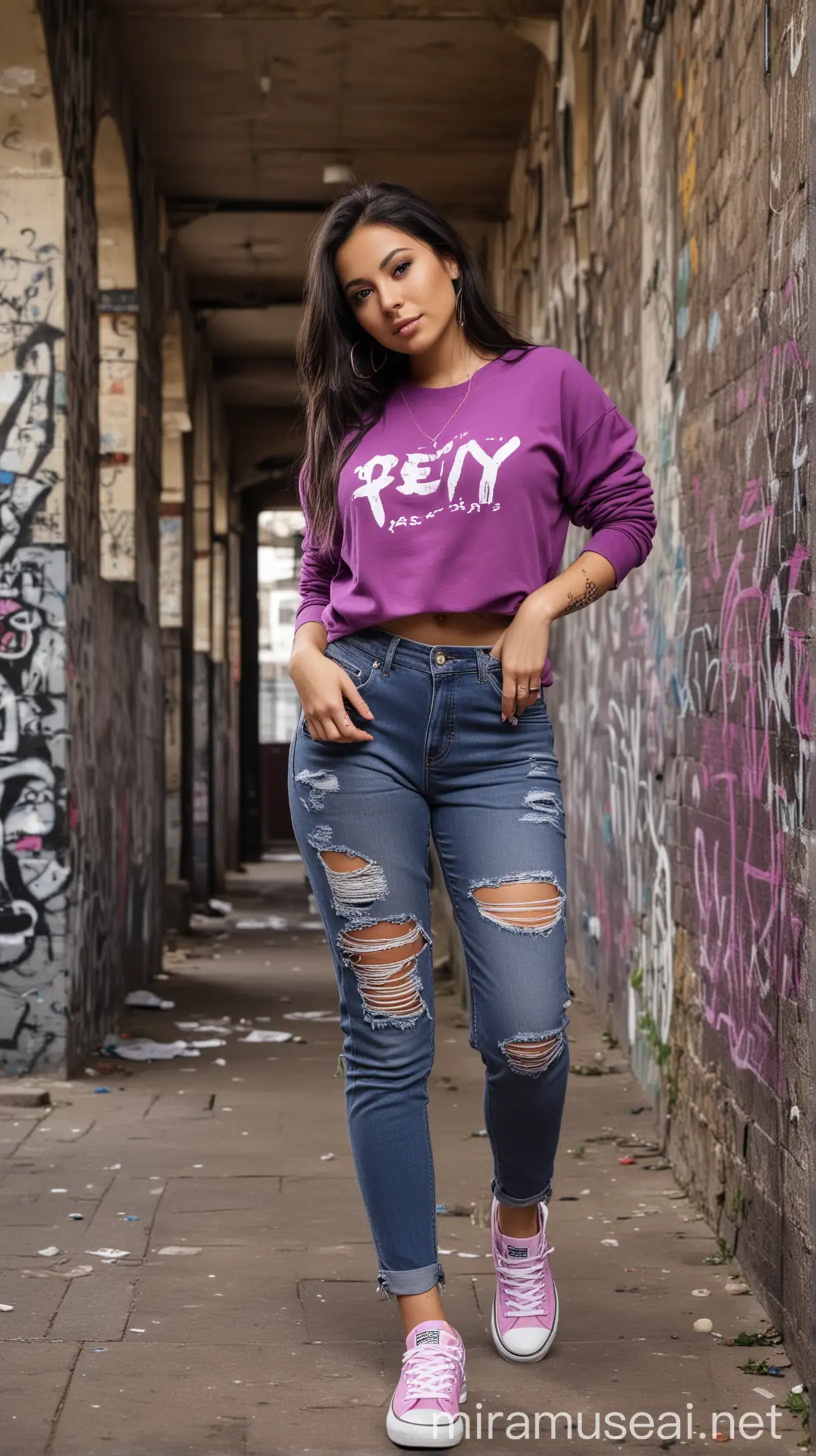 photography of a very beautiful woman, 25 years old, black long style hair, sharp gaze in front of the camera, wearing a purple swetear, with the word 'REY' written on it, with tight ripped black jeans, wearing pink converse shoes, standing with her hands in her trouser pockets, standing in the hallway under the bridge, full of graffiti, photo taken by S24 ultra camera, UHD quality, clear, solid colors.