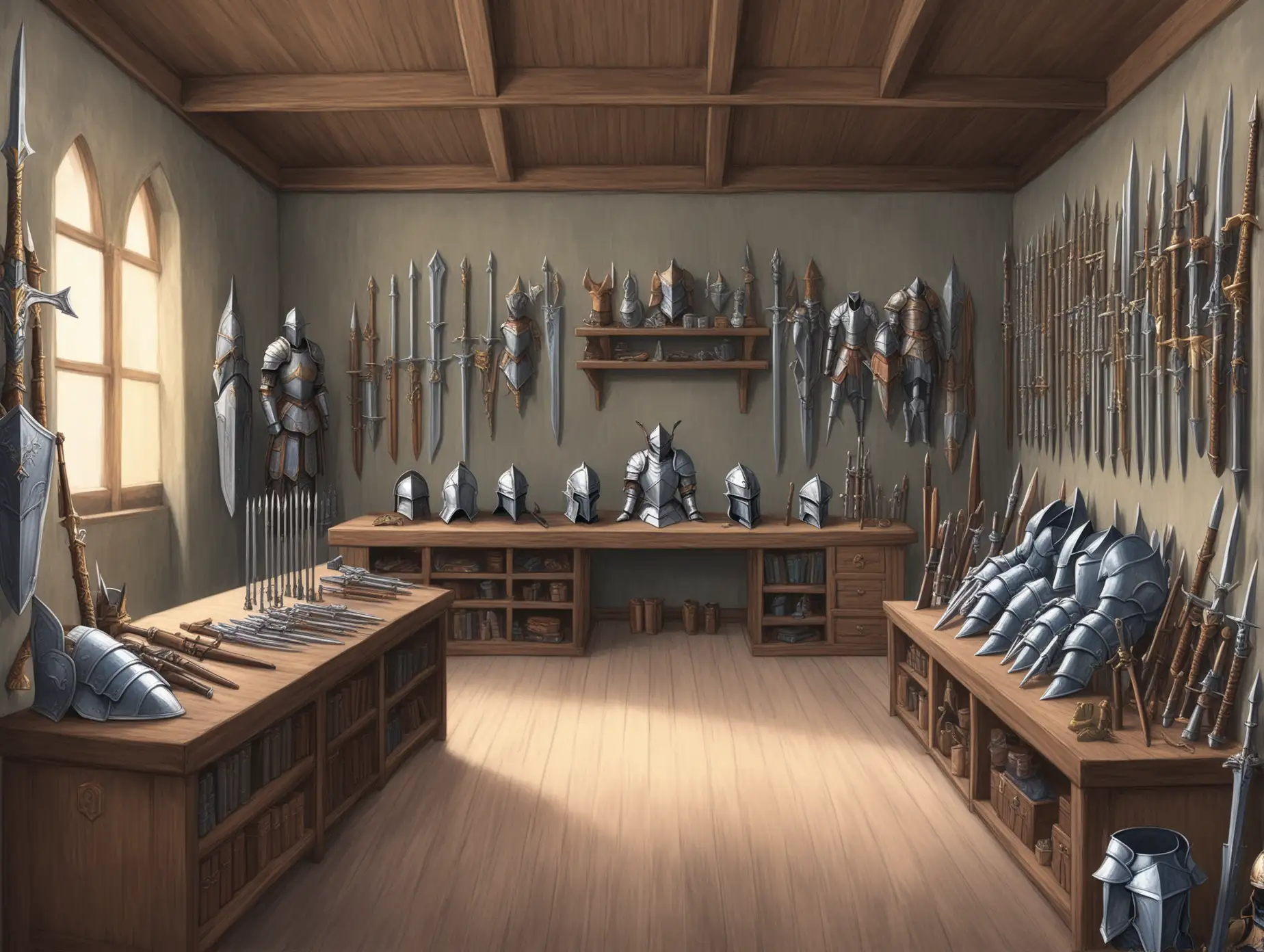 The armorer's room with fantasy-style armor and weapons and without people, pastel