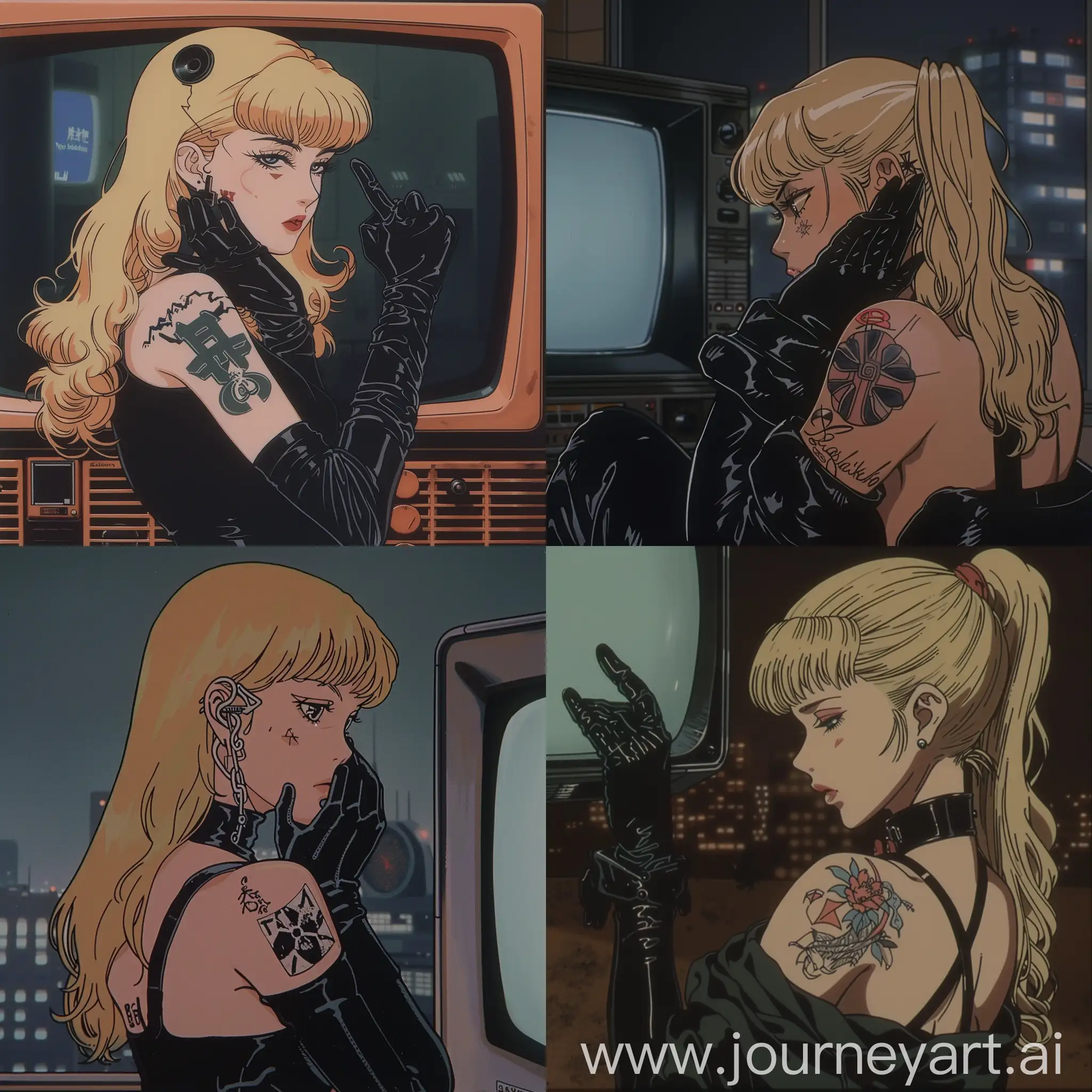 Blonde-Anime-Girl-with-Tattoo-in-Retro-90s-Style-on-CRT-TV-Display