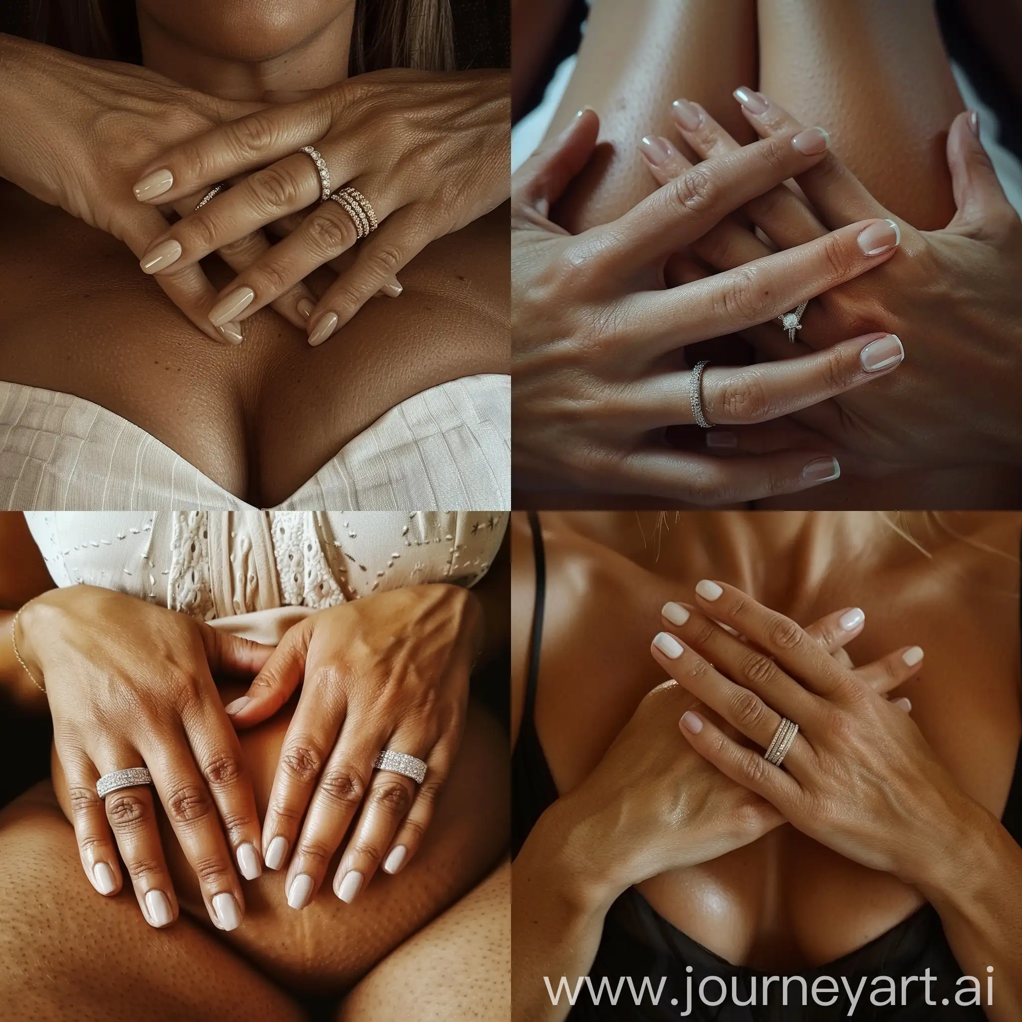 Instagram photo: A woman's hands resting atop her large torso, wedding ring, close up shot, perfect nails