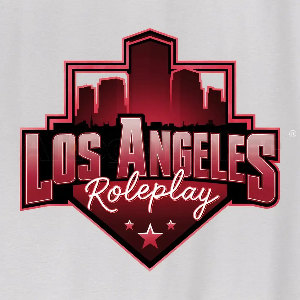 a logo design,with the text "Los Angeles Roleplay", main symbol:dark red city with dark red neon outline that says Los Angeles Roleplay and Los Angeles in a bold font and Roleplay in a bold GTA type font and on the Los Angeles text make it cark red on the bottom part with three stars at the bottom.,Moderate,be used in Technology industry,clear background
