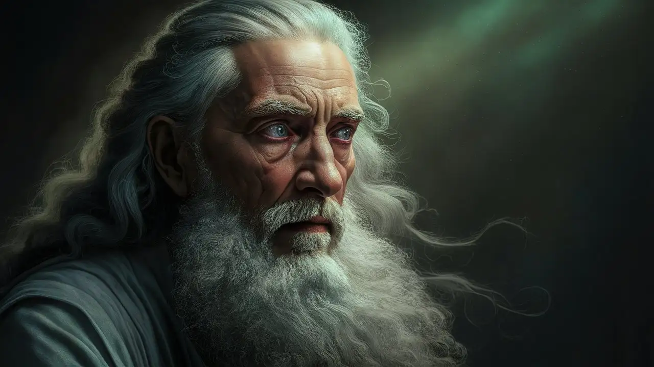 Imagine an elderly man with a flowing white beard, his brow furrowed in deep concentration. His long, silver hair cascades down his back, catching the faint greenish glow of the background. His eyes, perhaps a piercing blue or a deep, thoughtful brown, are focused on something unseen, reflecting the tension and weight of his thoughts. Around him, an aura of contemplation permeates the scene, conveyed through subtle lighting and shadow play against the soft, light green backdrop.