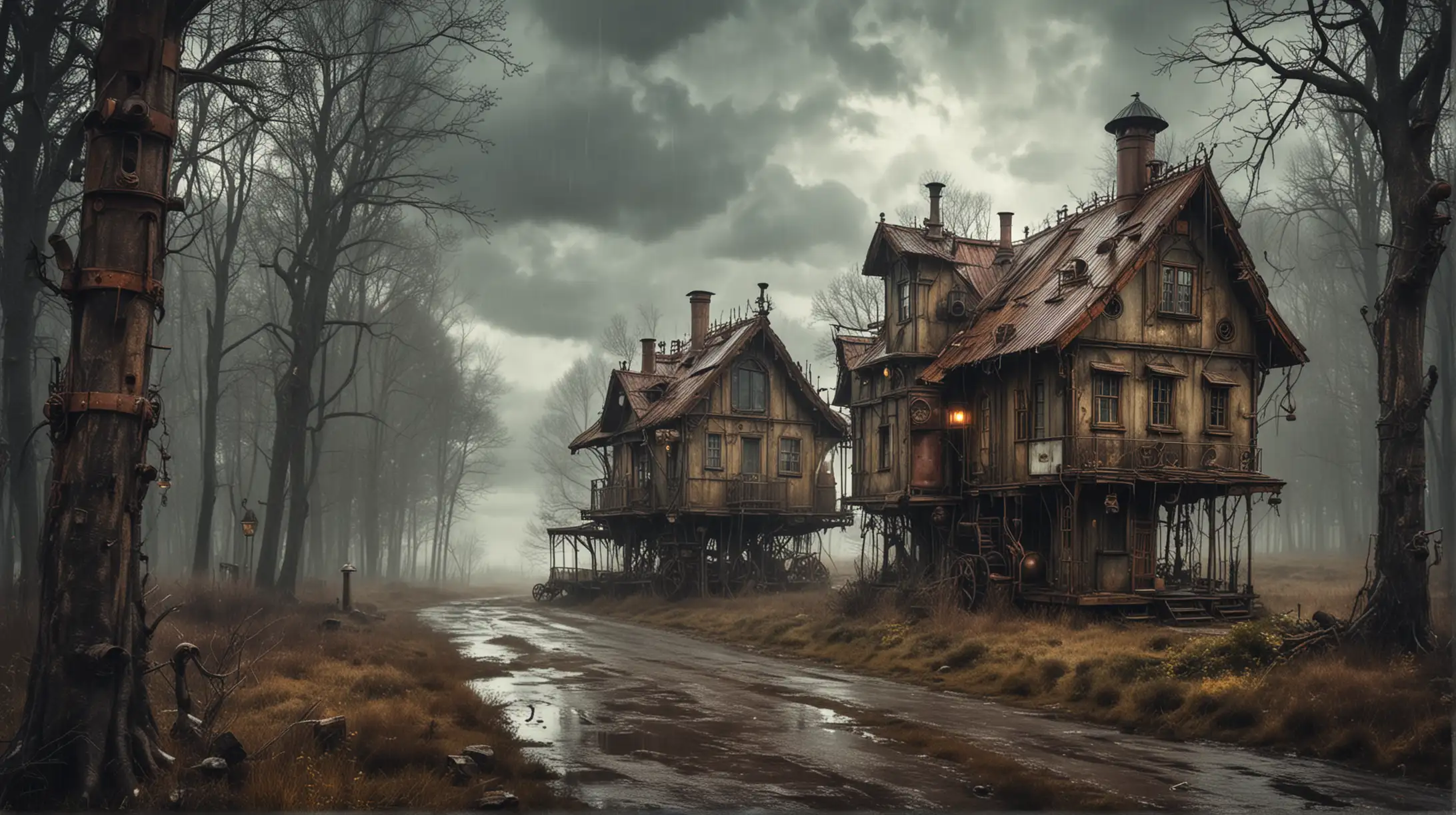 two old steampunk houses on the verge of a forest, stormy weather