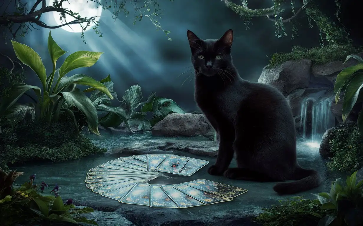 Черный кот сидит рядом  с картами таро красиво волшебно природа