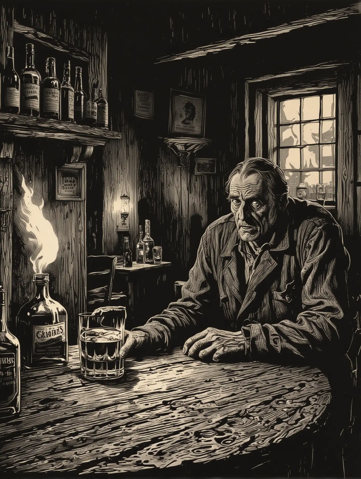 woodcut Illustration from the 1930s, Scary, dark atmosphere. An man tells a story over a whiskey in a dark pub.