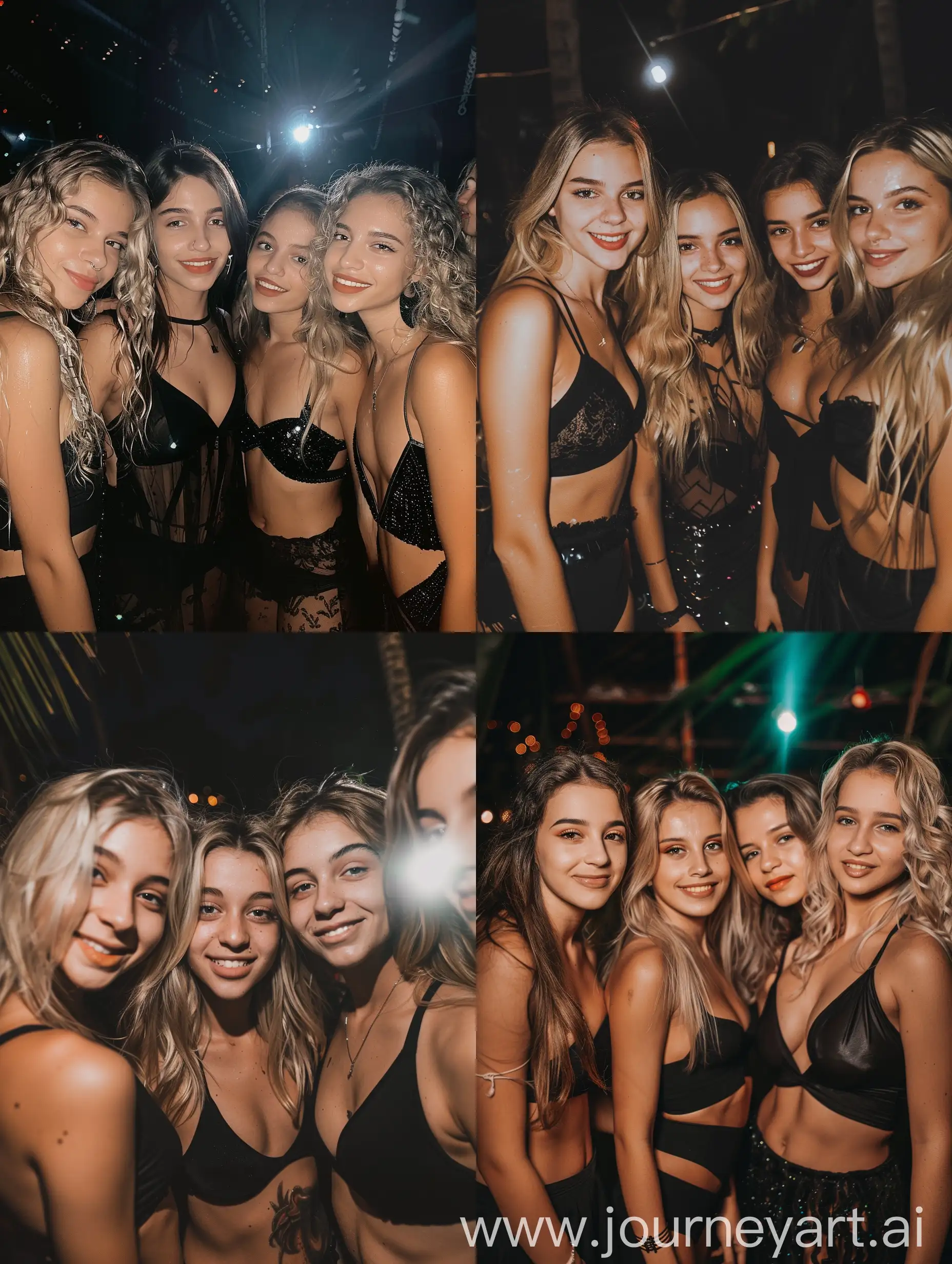 4 brazilian  girls, 19 years old, blond hair, at the party, at night, flash, flash light, , makeup, beauty, black dress, fitness