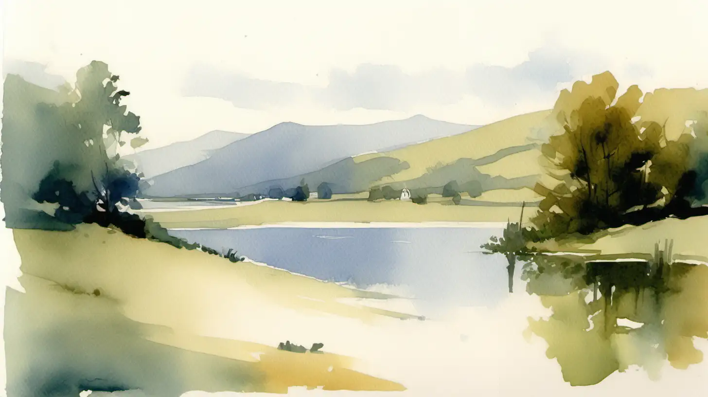 Tranquil Summer Lake with Distant Hill Small Watercolor Painting in Edward Seago Style