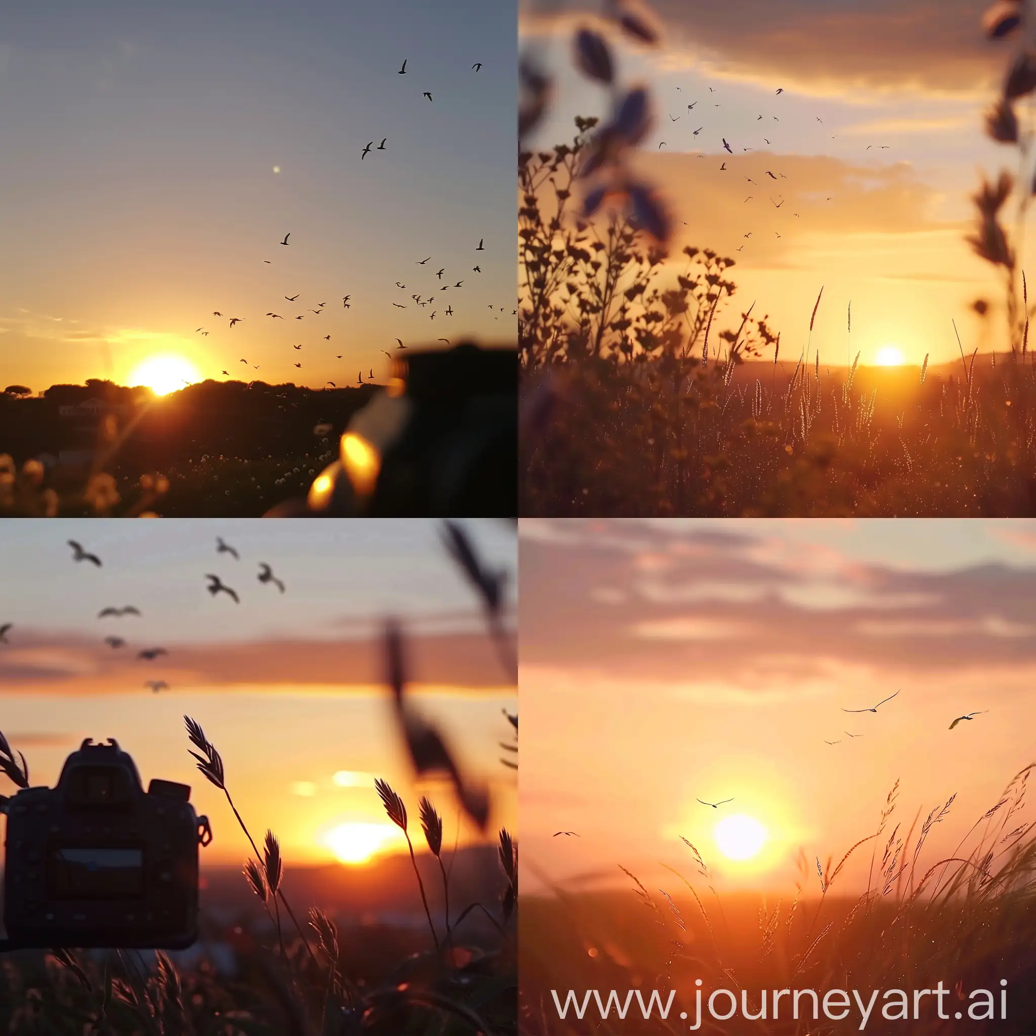 The camera captures the sunset in its warm colors, with soft music in the background. It shows some birds flying in the sky.