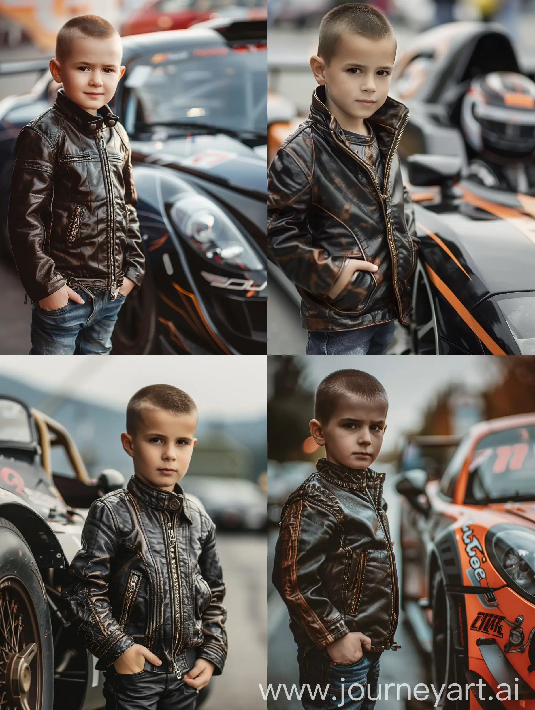 A little boy with short hair, dressed in a leather jacket, seven years old, hands in pockets, standing next to a coolly tuned racing car, street racing, realistic photography, hyperrealism, face clearly visible, looking at the camera, view from afar