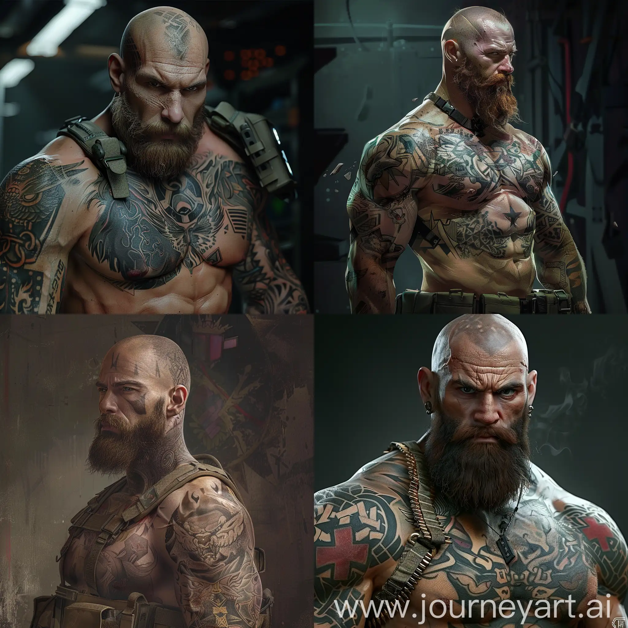 Muscular-Bald-Man-with-Beard-and-Tattoos-Standing-Next-to-Military-Vehicle