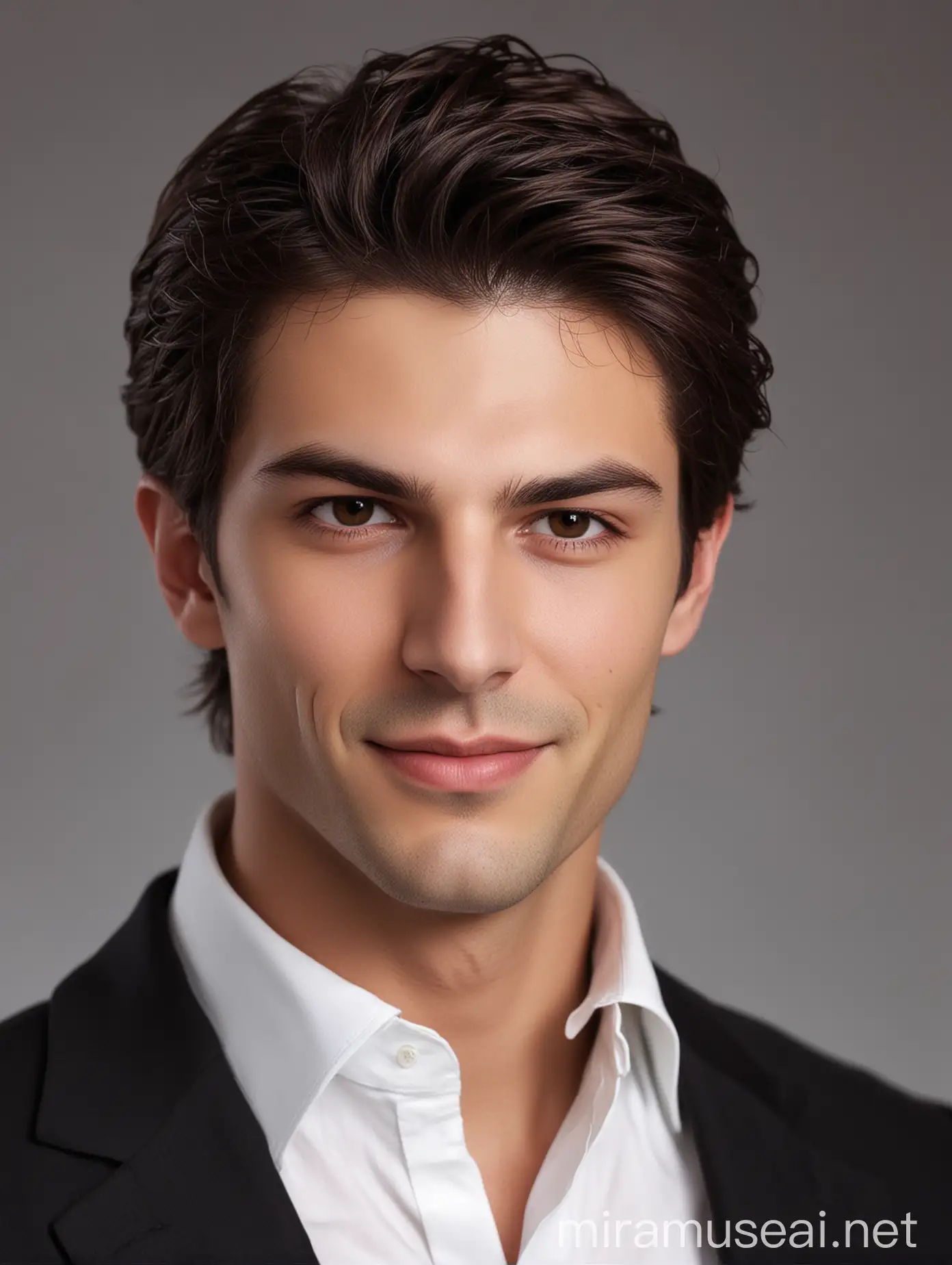 hot cute, male, 26 years old, parted hair, dark brown hair, smirk, businessman, vampire