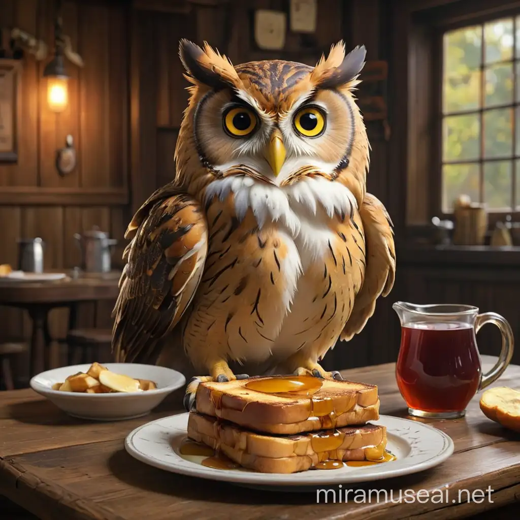 Majestic Owl Enjoying Syrup Soaked French Toast in Vintage Tavern Setting