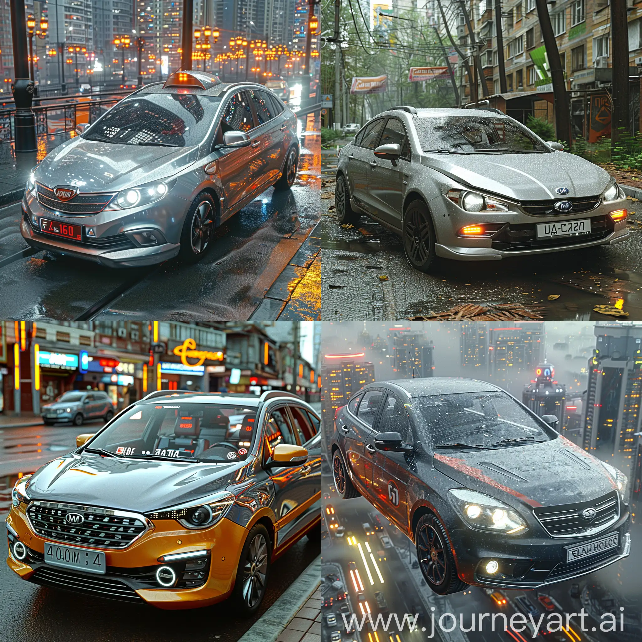 Futuristic:: sci-fi:: LADA Vesta https://upload.wikimedia.org/wikipedia/commons/thumb/8/85/Lada_Vesta_%28cropped%29.jpg/280px-Lada_Vesta_%28cropped%29.jpg, Self-driving capabilities. Augmented reality windshield, Biometric security system, Energy-efficient propulsion system, Holographic dashboard, Adaptive suspension system, Intelligent voice assistant, Health monitoring sensors, Self-healing body panels, Integrated drone delivery system, octane render --stylize 1000