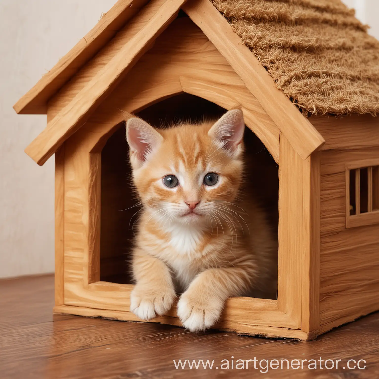Красивый рыжий котик в домике