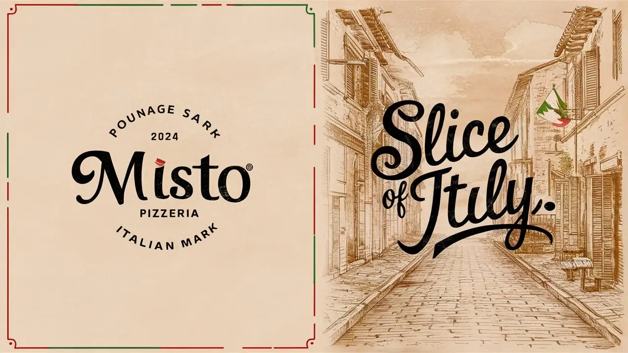 Misto Pizzeria , Letter mark , Minimal , Edge decoration, Italian colors, EST 2024 , Italy flag , Vintage, Slogan, Slice of Italy, Sketched Italian City, Old School, Classic