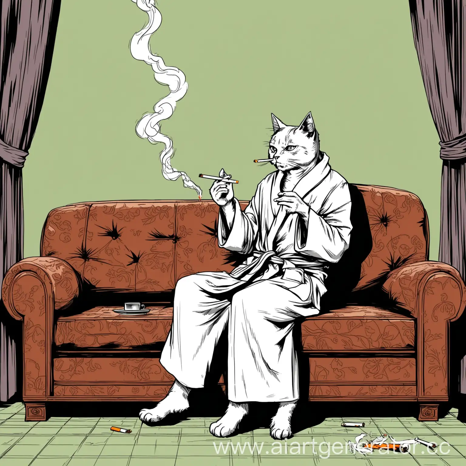 Кот-алкоголик в халате сидит на старом диване и курит сигарету. Рисовка из комикса