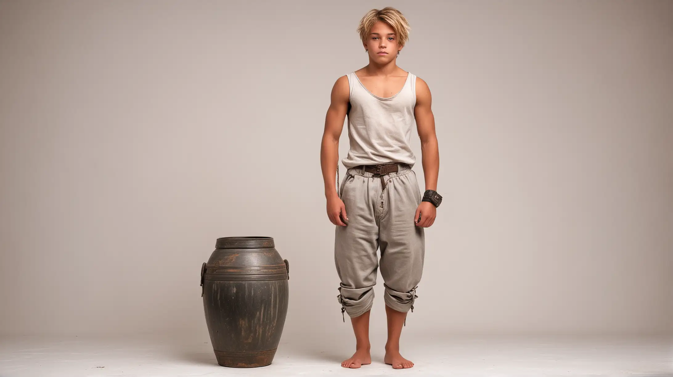 Muscular Teen Slave Boy Carrying Heavy Urn in Steel Cuffs
