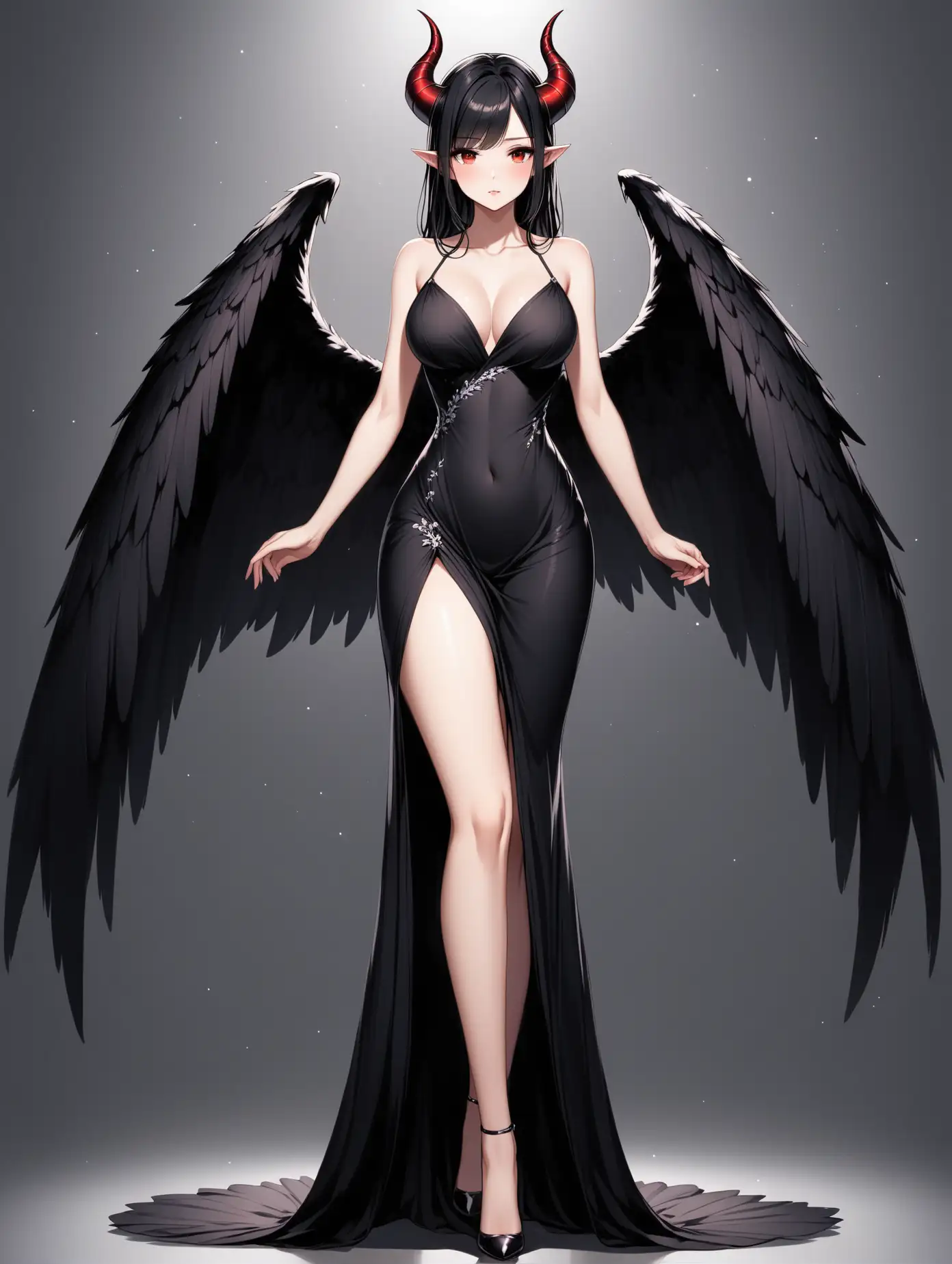 красивая девушка, черные сложенные крылья, красные глаза, рога, стоит во весь рост, красивая фигура, черные волосы, облегающее платье 