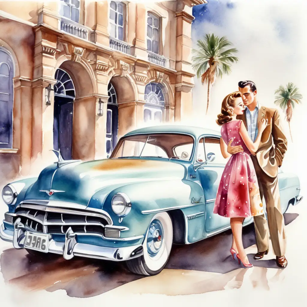 Vintage Couple Standing by Classic Car in Watercolor Painting
