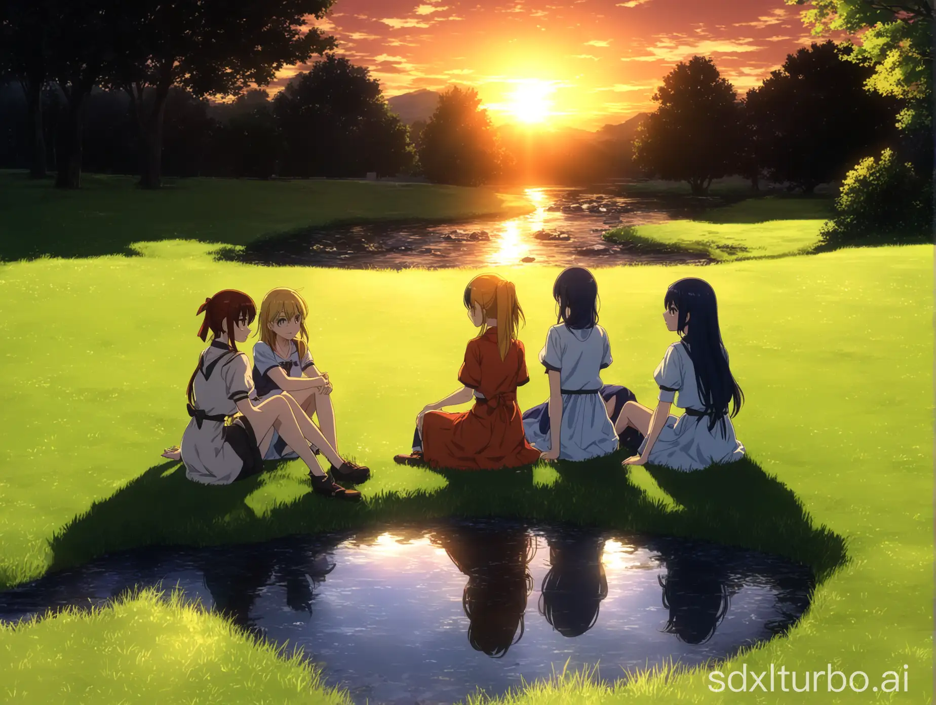 sunset, 3 anime girls, gathering, grassy area, stream, sitting, red