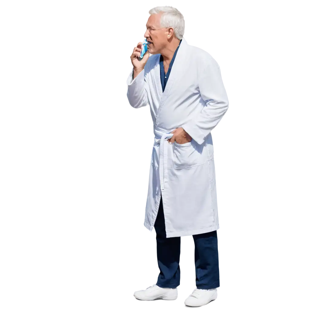old man talking teethbrusan elderly man standing in the bathroom in a white bathrobe brushing his teeth