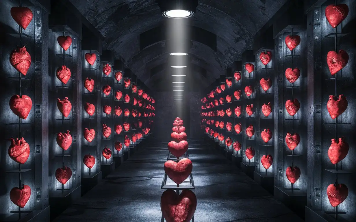 Endless-Vault-of-Human-Hearts-Displayed-on-Illuminated-Stands