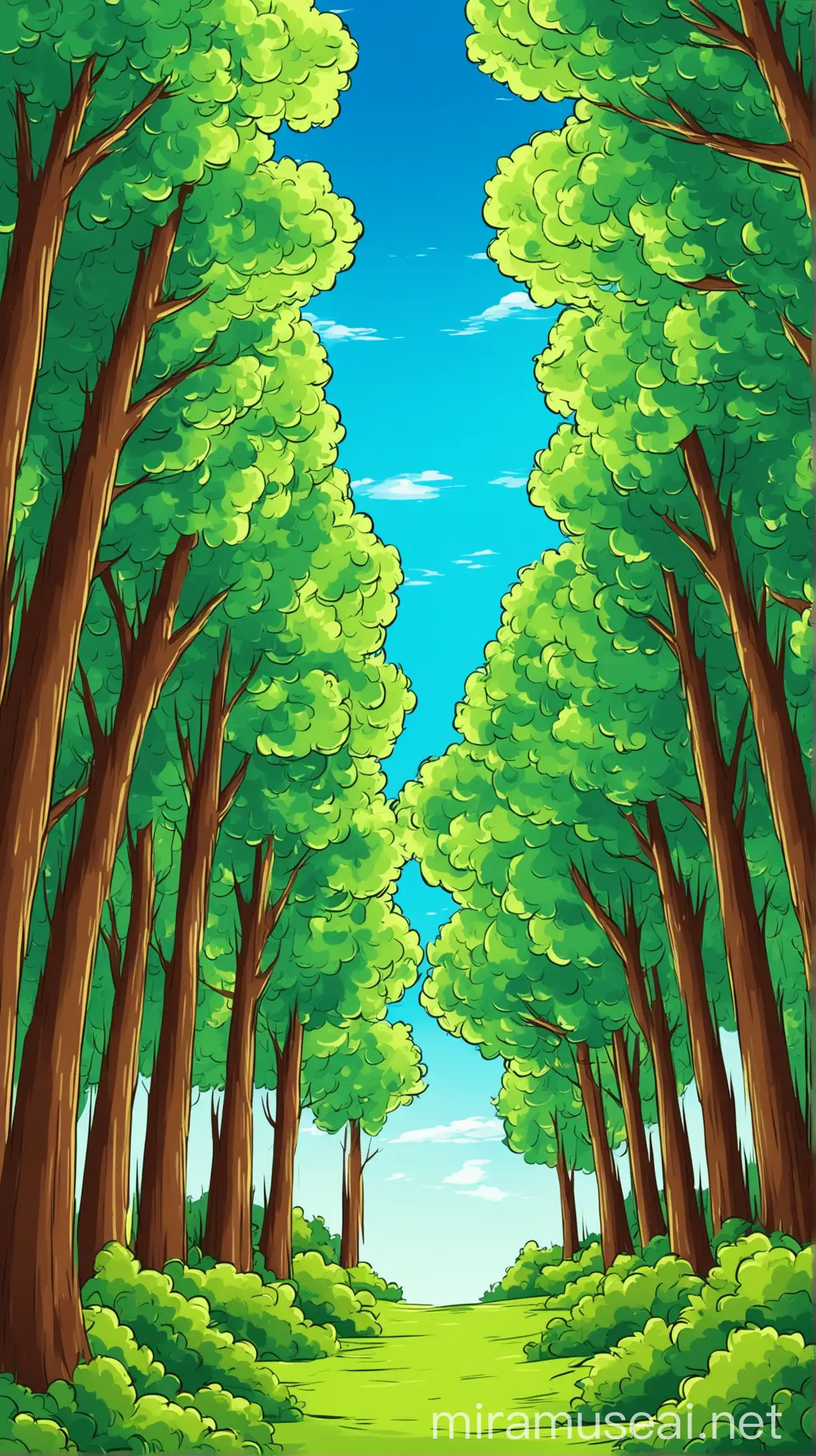 forest with trees and blue sky backgrounds cartoonish