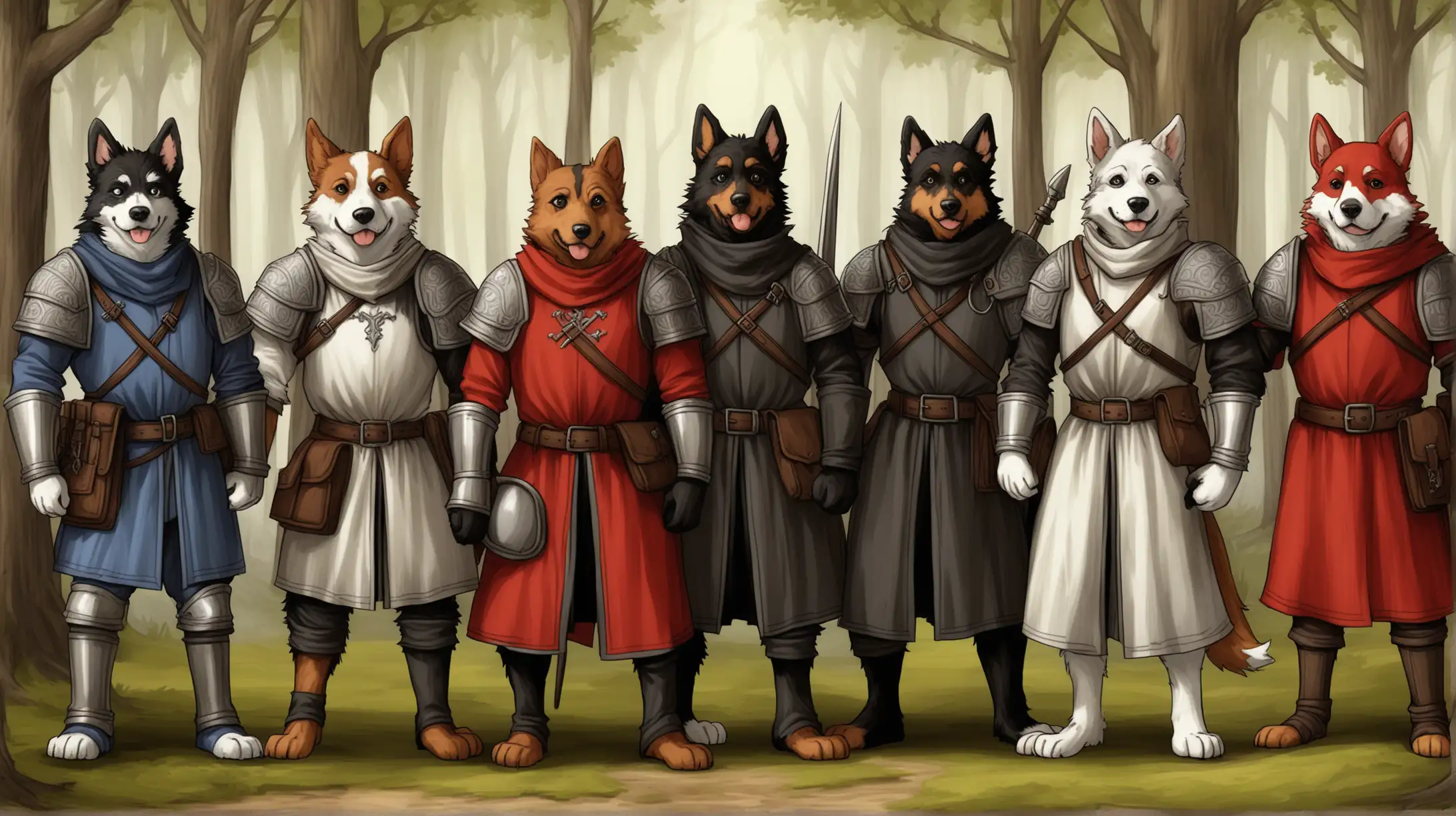 dog folk, brown black white gray red, furry, rangers and guards, woods, Medieval fantasy