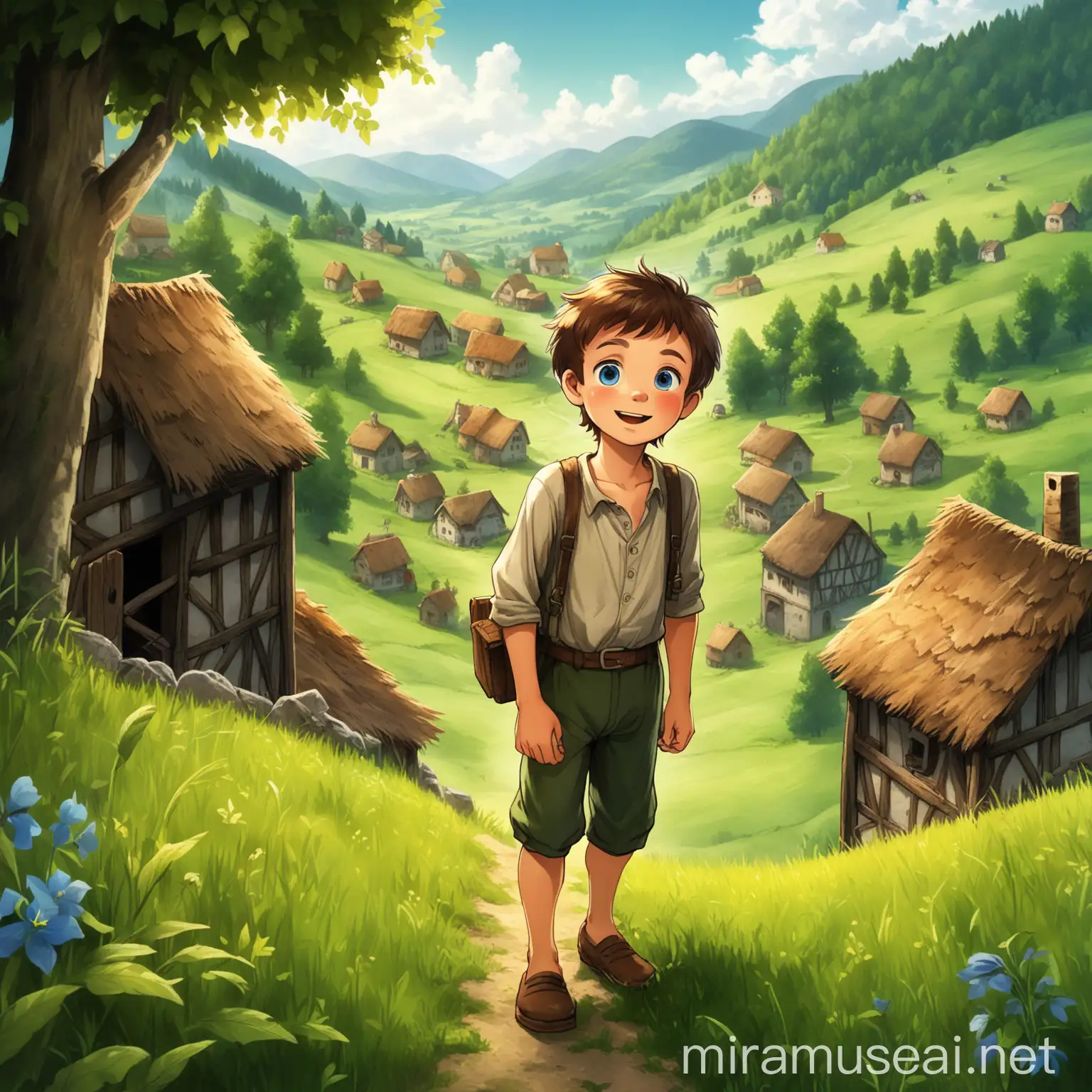 Energetic Boy Explores Village and Forests