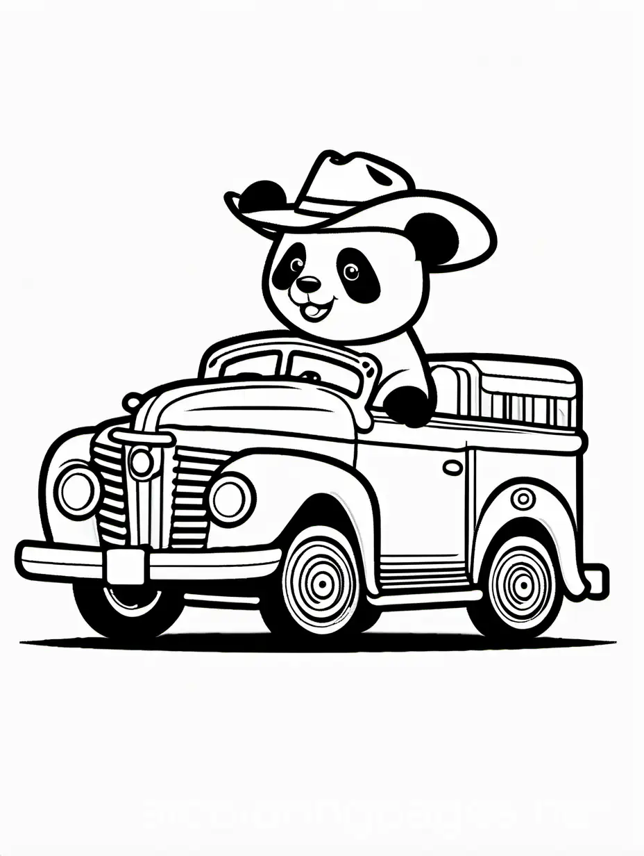 Cute-Panda-Cowboy-Coloring-Page-Giant-Car-Drive-in-Black-and-White-Line-Art