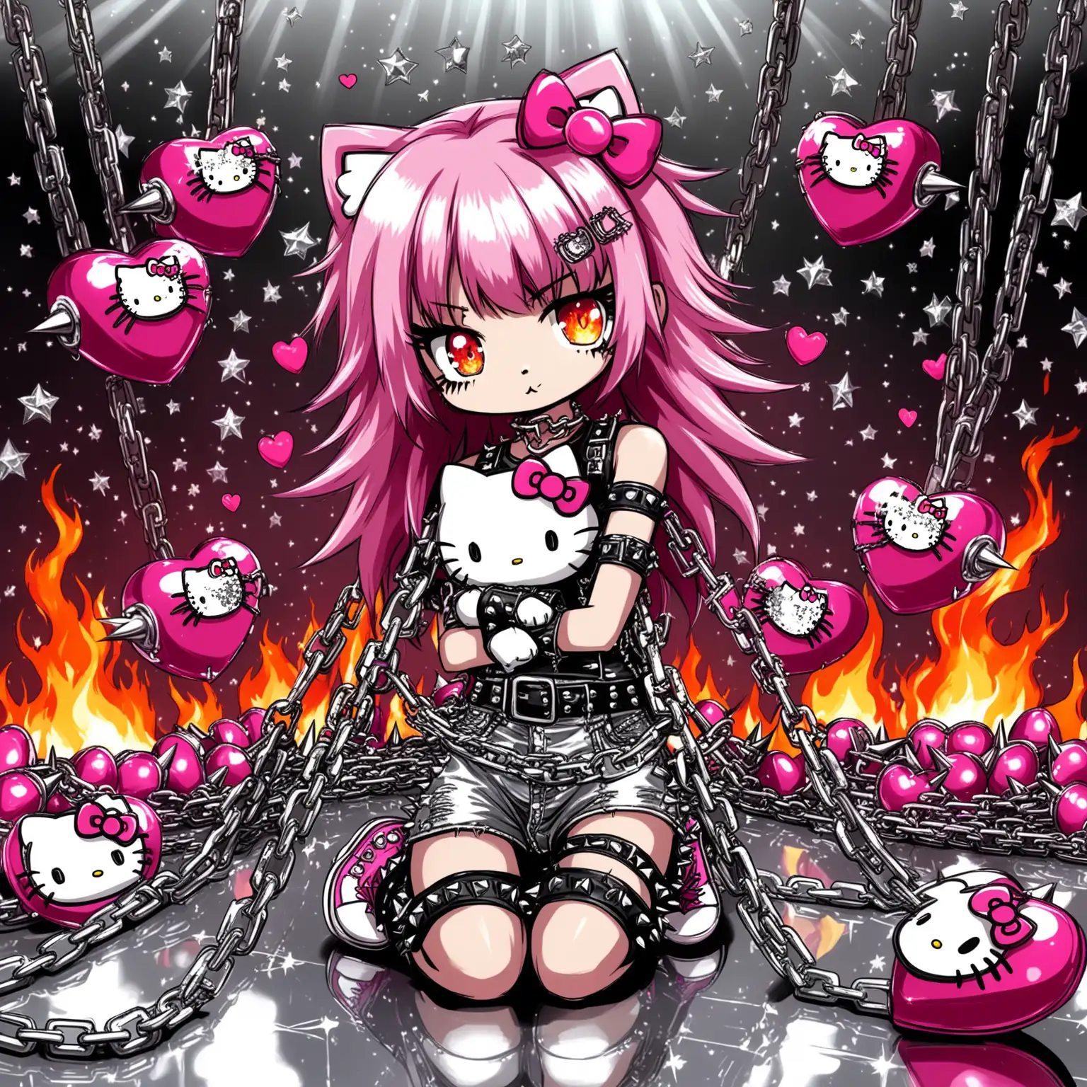 Pink Hello Kitty, looking flirtatious in chains and spikes, with diamonds on the chains, on silver reflective floor, with heart shaped bombs with spikes on fire in background, silver glitter and stars in background, badass, cute, punk rock, pretty, hello kitty