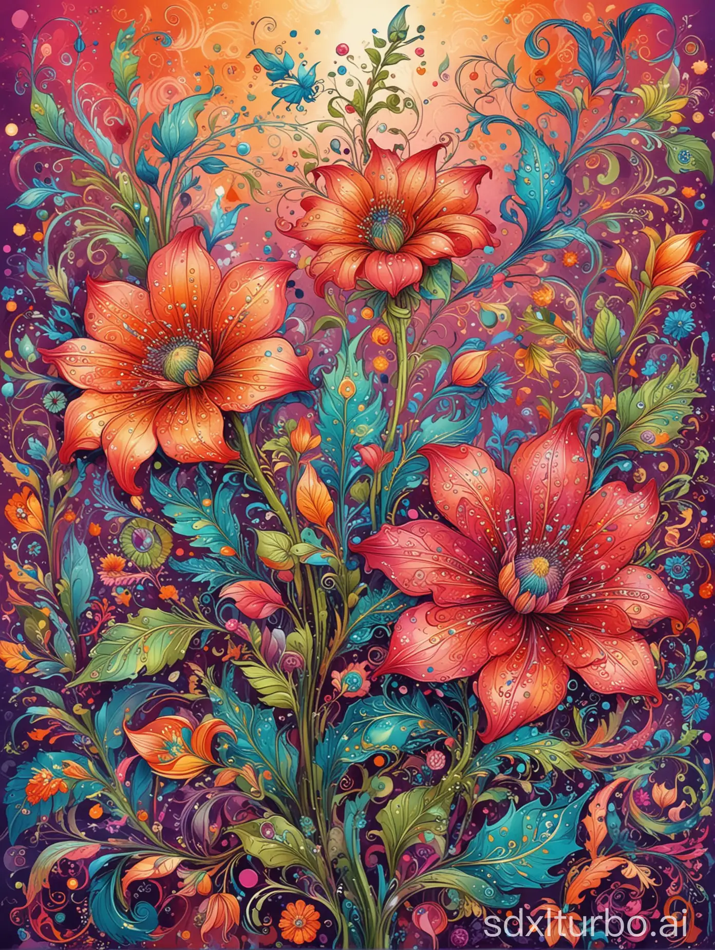 beautiful fantasy flowers and whimsical flourishes, all over print, bright and vibrant colors, Colorful Boho style, bright glowing and sparkling background