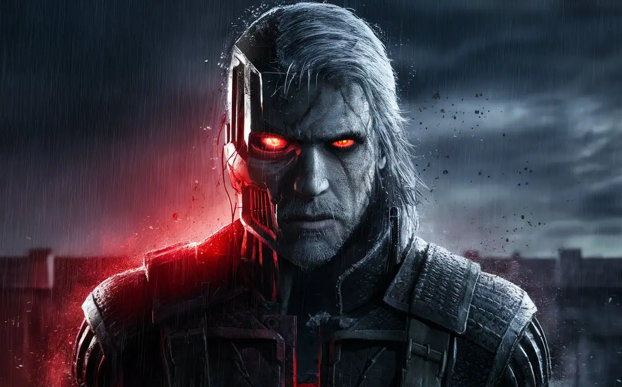 Geralt terminator glows red eye pupil black eyes eerie atmosphere is raining