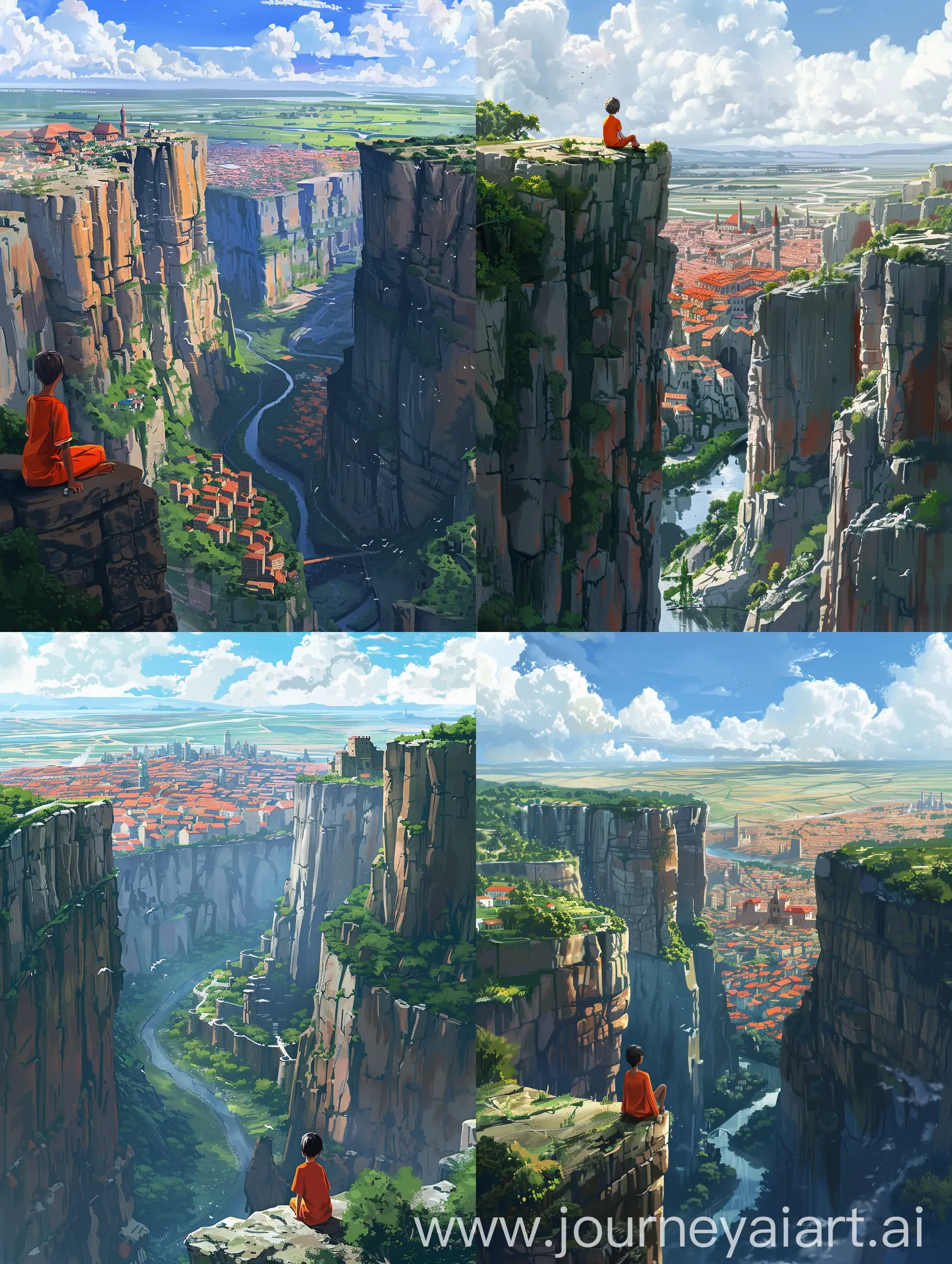 A digital painting of a boy sitting on the edge of a cliff. - he is wearing orange clothing and are facing away from the camera, which adds an element of anonymity and allows the viewer to imagine themselves in the scene. - The city below is situated between towering cliffs and is surrounded by lush greenery. - A river flows through the city, with buildings featuring red roofs along its banks, creating a striking contrast against the green landscape. - The city extends into flat lands in the distance, under a sky dotted with fluffy white clouds