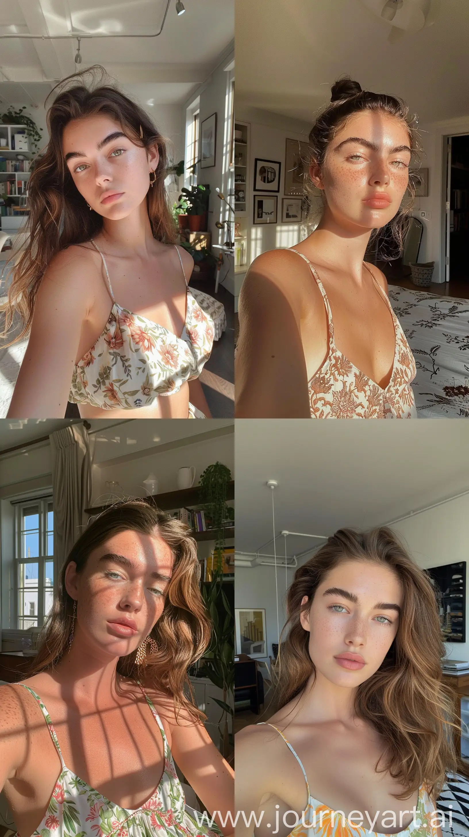 Aesthetic Instagram selfie of Haley Kalil's sister, 16 years old, pretty, super model face, summer inspired top, in fancy New York apartment, bushy thick eyebrows, wide set, profile throw face away in room --ar 9:16