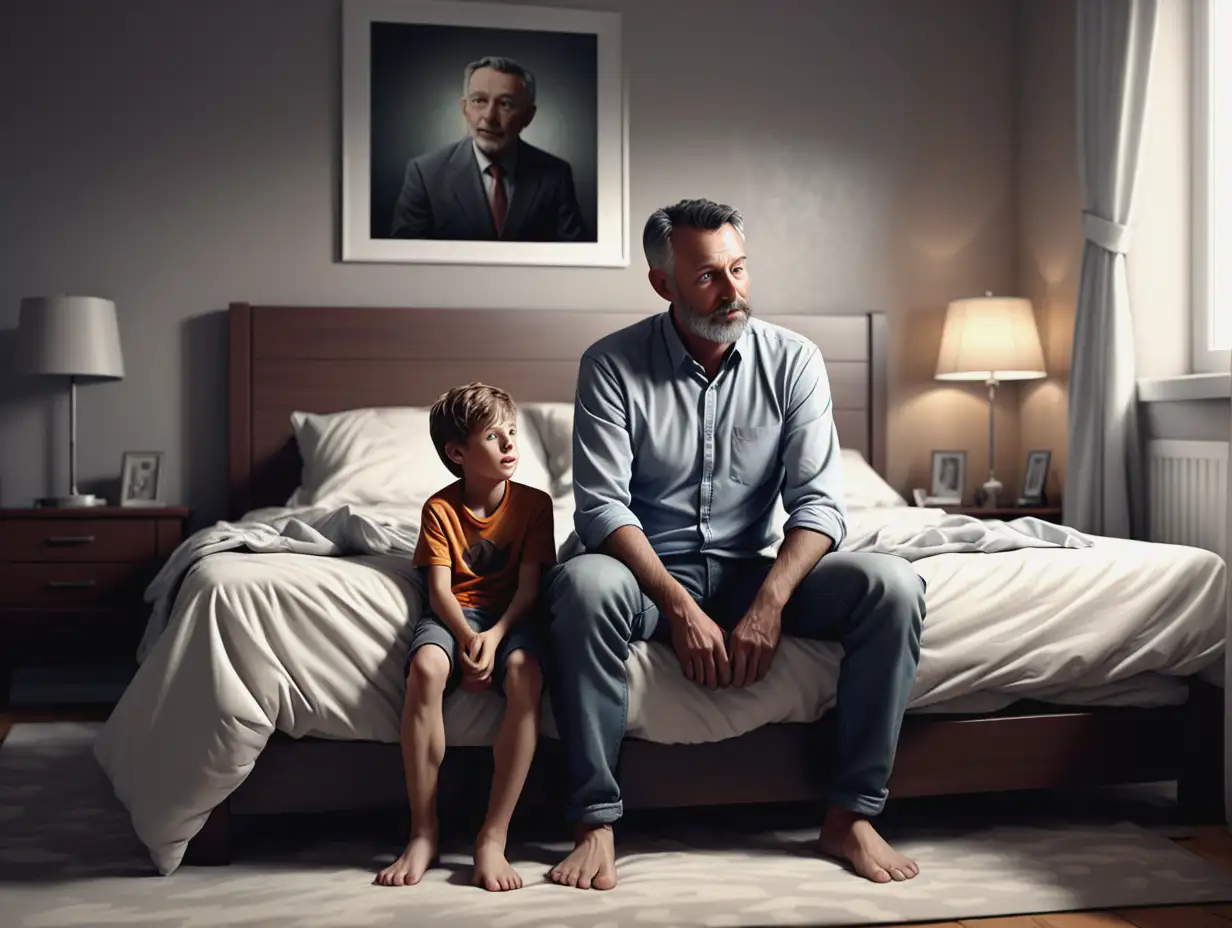 father and one son, sit down bedroom  on bed, hyperrealistic image