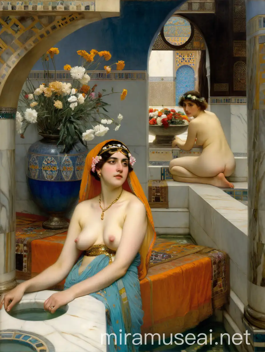 Odalisque Bathing in a Turkish Bath with a Distinguished General and Floral Arrangement