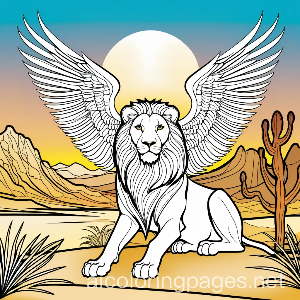 A desert oasis guarded by a majestic sphinx, its lion body basking in the golden sunlight while its wings stretch wide., Coloring Page, black and white, line art, white background, Simplicity, Ample White Space. The background of the coloring page is plain white to make it easy for young children to color within the lines. The outlines of all the subjects are easy to distinguish, making it simple for kids to color without too much difficulty 