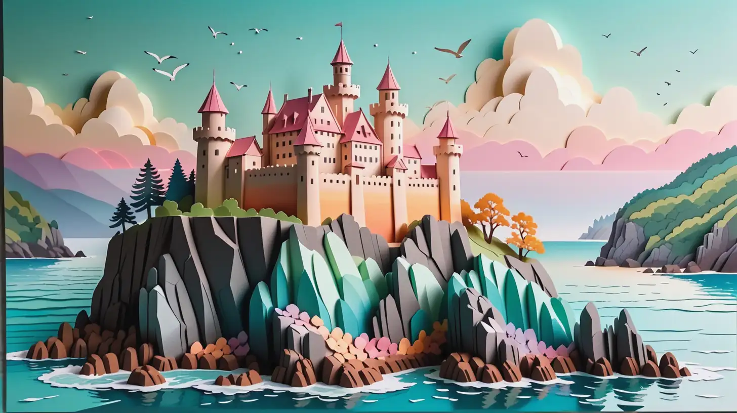 Detailed Laser Cut Paper Illustration of European Castle on Cliff by the Sea