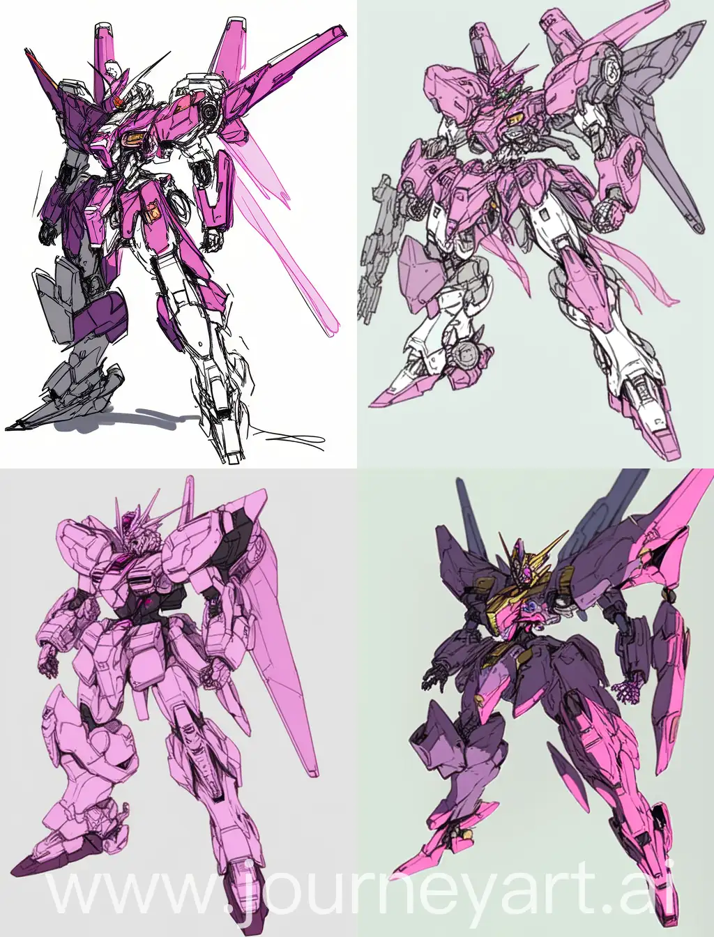 Full length gundam, Gundam mecha,in the style of Gundam, sketch of a drawing, face mecha, spider gundam, normal gundam torso, back legs of gundam spider fur, primary color amaranth purple, small details in black and white, gundam eyes in pink, glowing parts also in pink, displayed in a fighting posture, studio environment,fighting posture,soft ambient light. super details, metallic texture and tensioncomposition, OC Render. 2D. ultra HD16k