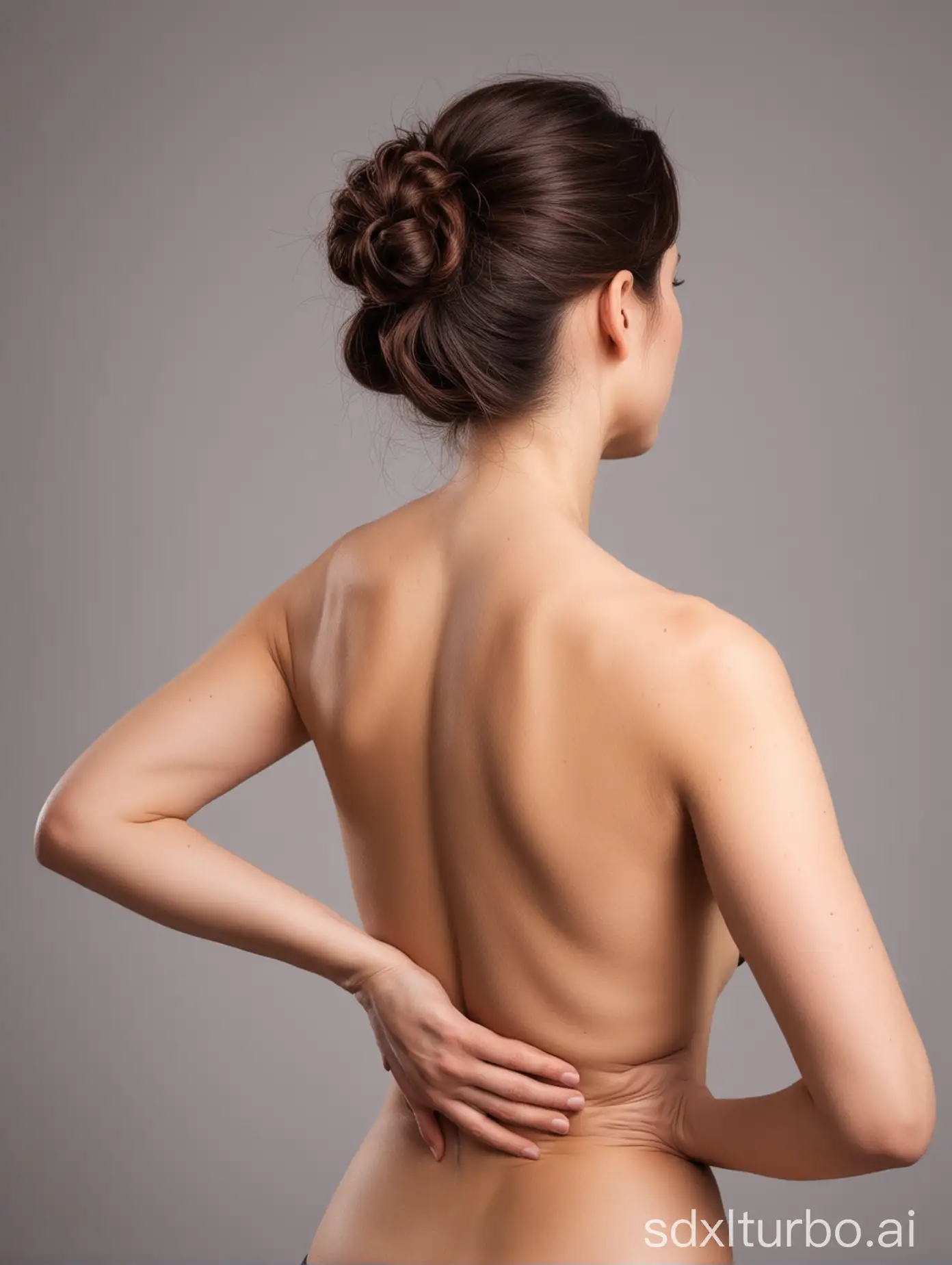 woman with back pain touching her back