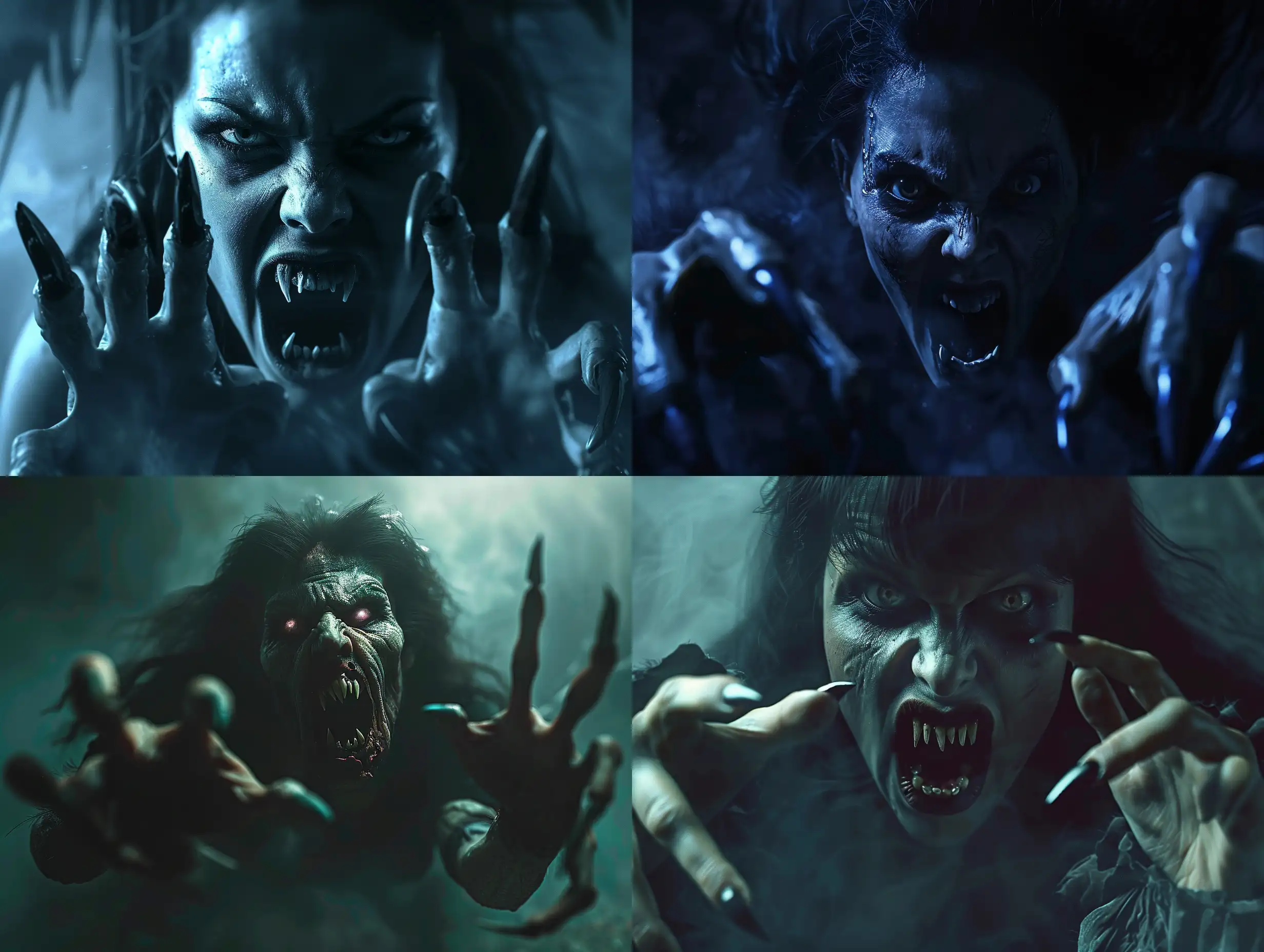 A photorealistic scene of a wild, monstrous vampire woman emerging from the darkness, with an eerie and haunting atmosphere. The vampire has extra long pointed fingernails on each hand, resembling the claws of a predator, and her mouth is threateningly open, revealing terrible teeth that look like fangs. She appears as if she climbed out of the grave, with hyper-realistic details such as full anatomical precision and highly textured features. The scene is cinematic, with intense and atmospheric lighting that emphasizes the smallest details, creating a realistic and aggressive dark atmosphere. The focus is on creating a high-quality, hyper-realistic portrayal of this undead creature, ensuring that every aspect is detailed and textured to convey a sense of horror and terror. The aim is to generate a night-time scene that is truly creepy, spooky, and terrifying while maintaining realistic anatomy and flawless execution