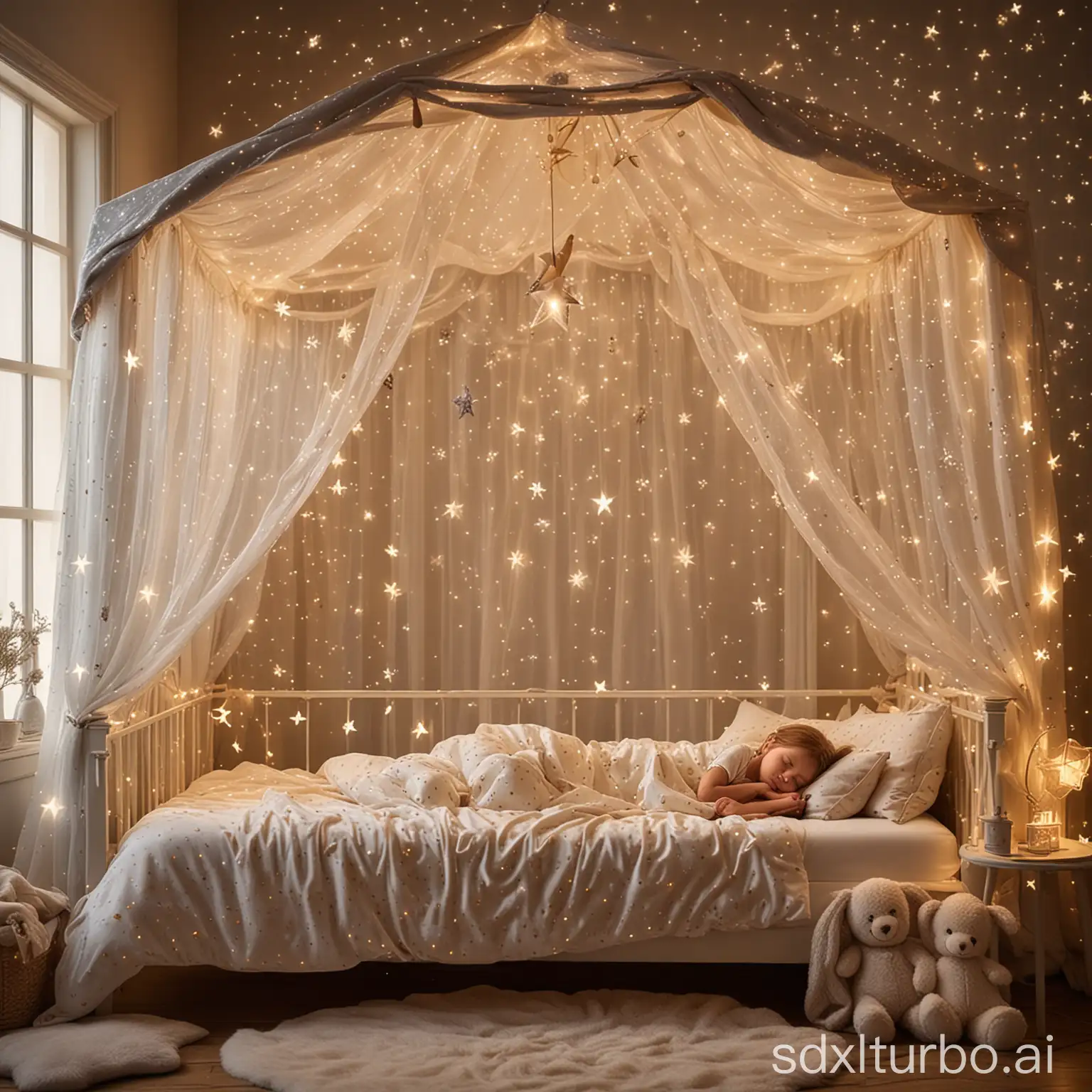 A child is sleeping on a heavenly bed with a canopy of glistening starlights. The bedding is soft and cuddly, and the little dreamer holds a plush meteor tightly in their arms. Real stars shine through the window and bathe the room in soft, magical light.