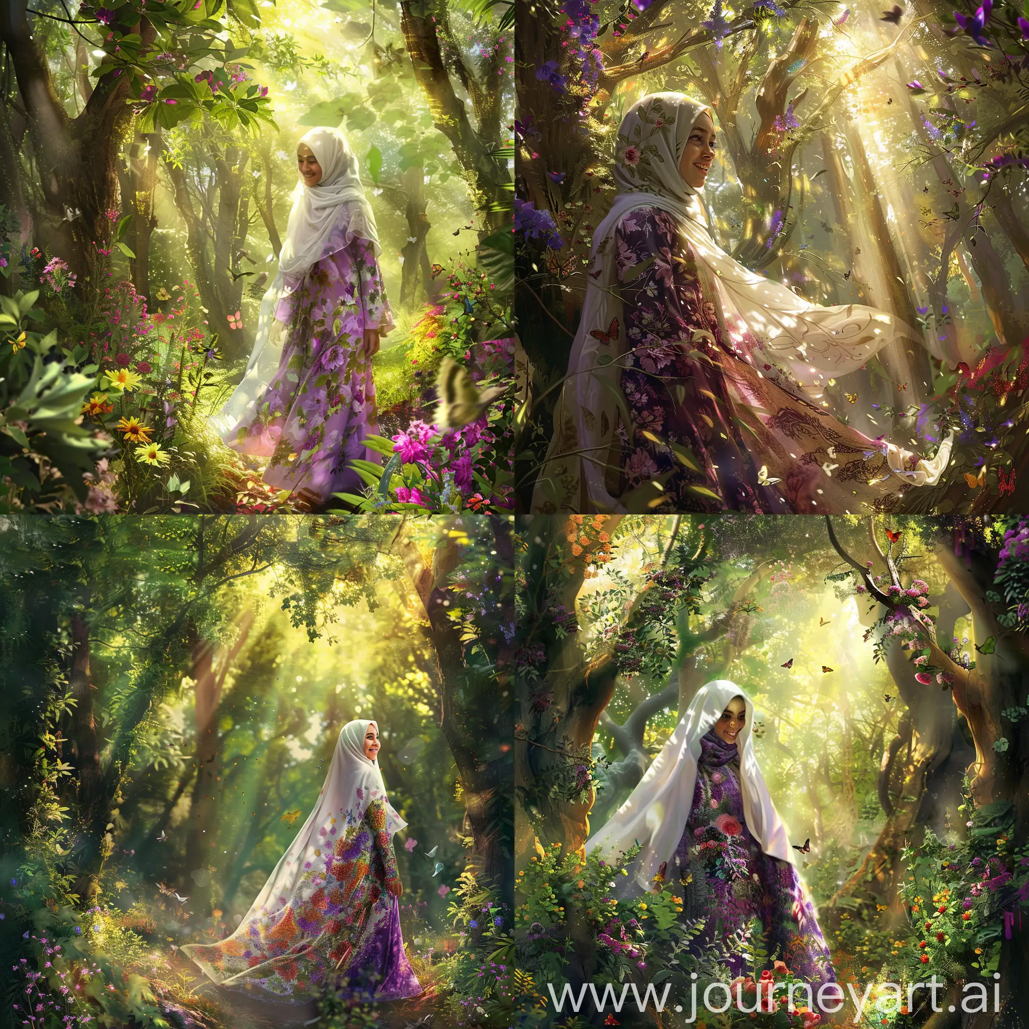 Smiling-Woman-in-White-Hijab-and-Purple-Floral-Dress-in-Enchanting-Forest-Fantasy