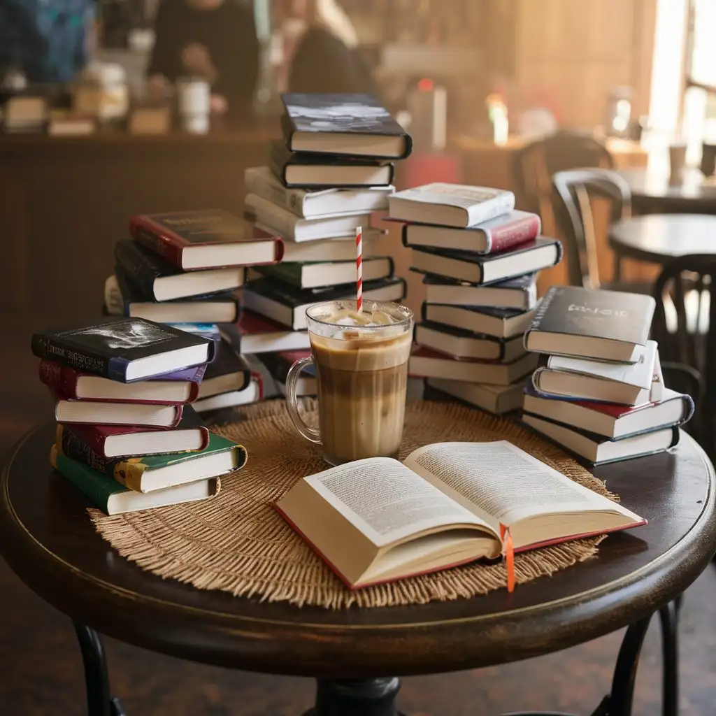 POV of a cafe table with a pile of books, a refreshing ice coffee, and one open book 
