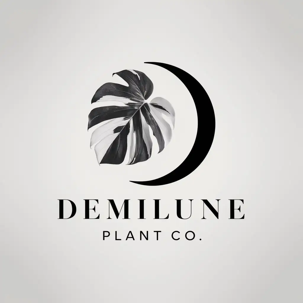 a logo design,with the text 'Demilune Plant Co', main symbol:Black and white half moon variegated monstera leaf, with a halfmoon in the background making the letter D,Minimalistic,be used in Retail industry,clear background