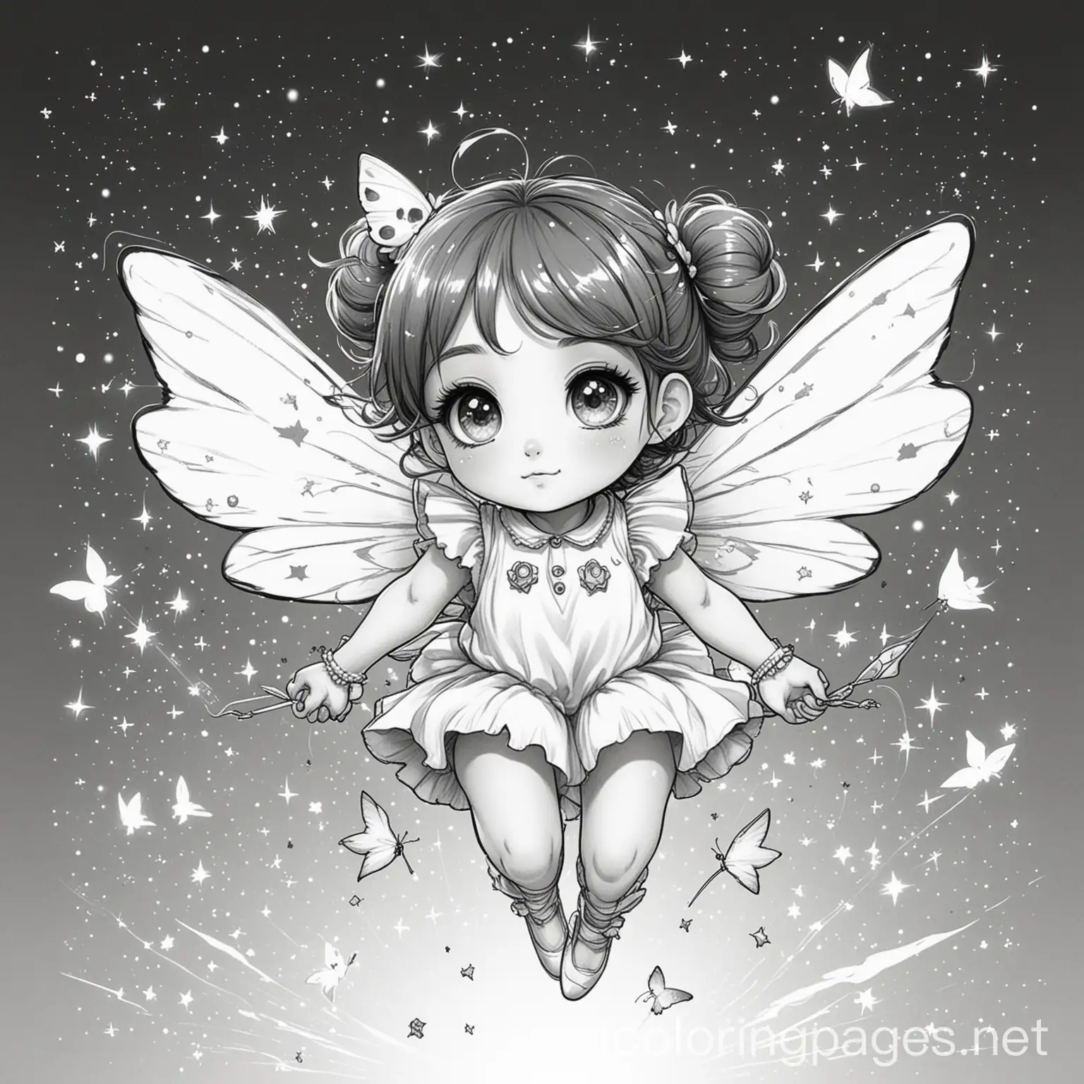 a magical girl and her pet, a small creature with butterfly wings and round fluffy body, large cute eyes and tiny antennae on top of its head, flying among the stars and the shooting stars., Coloring Page, black and white, line art, white background, Simplicity, Ample White Space