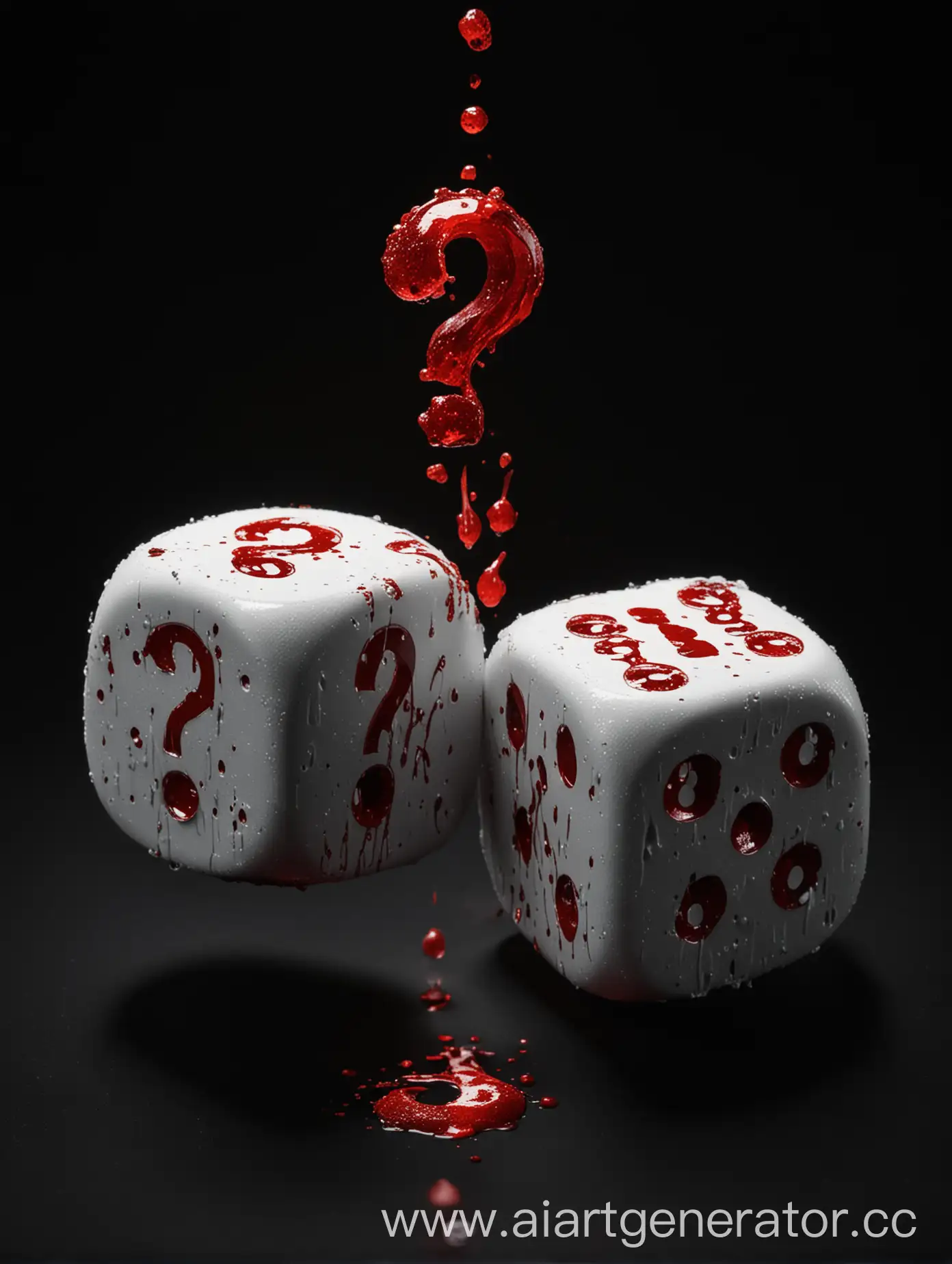Черный фон, 2 игральных кубика со стекающей с них кровью, отбрасывают белое свечение, на одном цифра 5, на втором вопросительный знак